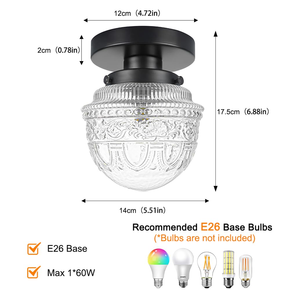 Dsmjfu Black Semi Flush Mount Ceiling Light, Small Hallway Light Fixture, Vintage Close To Ceiling Light Fixture For Bathroom, E