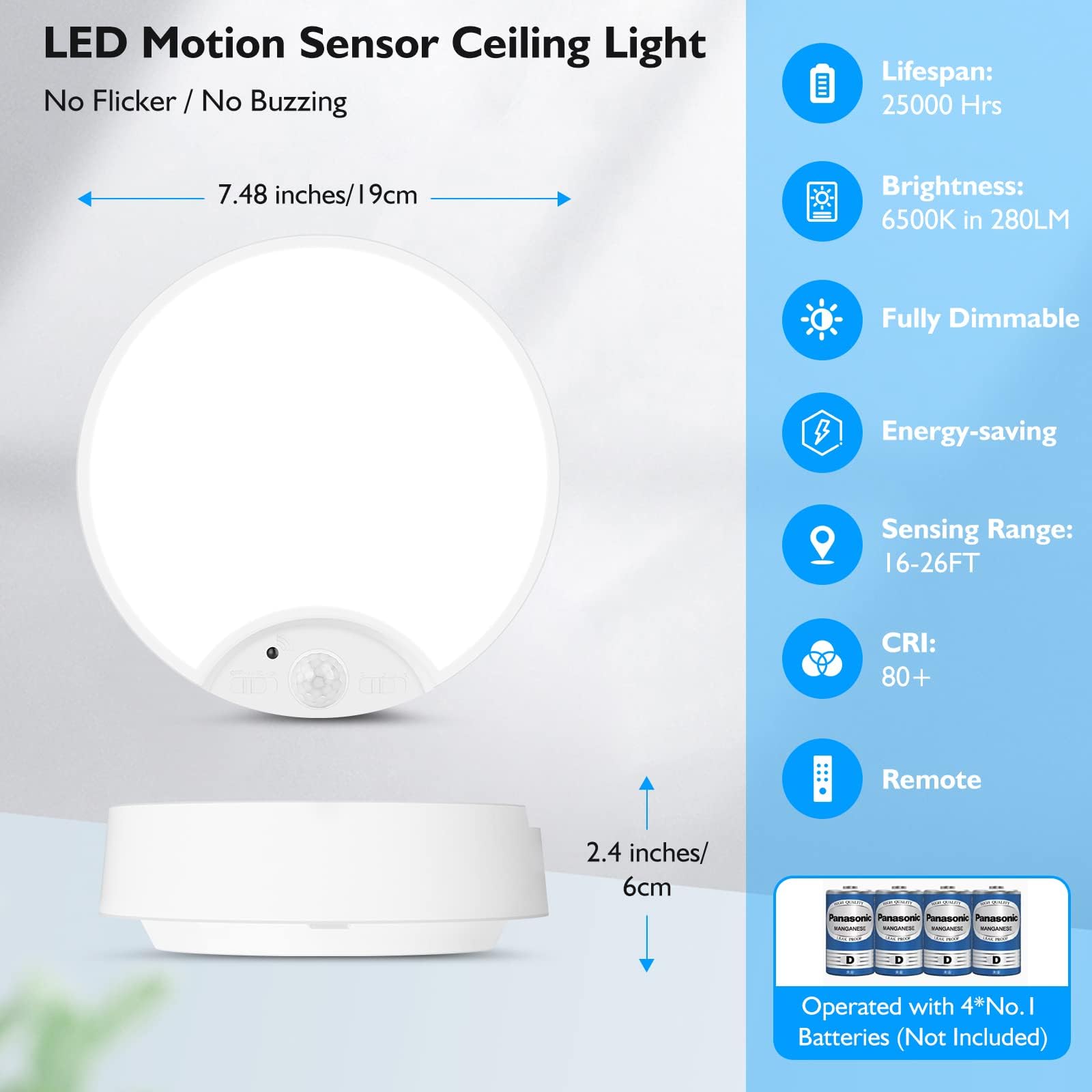 2-Pack Motion Sensor Led Ceiling Lights Battery Operated, 7.48Inch 6500K Dimmable Flush Mount Light Fixtures With Remotes, Wirel