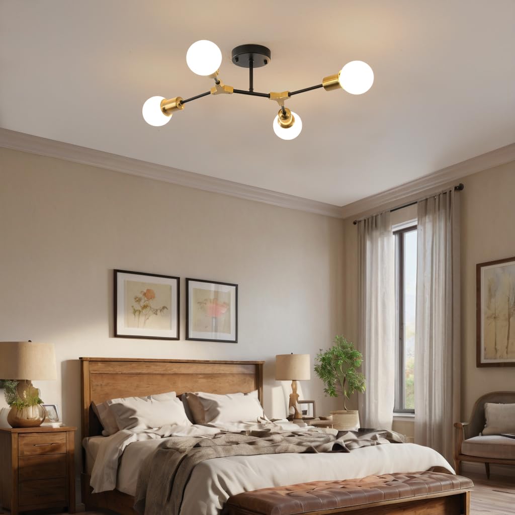 Quoobe Modern Semi Flush Mount Ceiling Light Mid Century 4 Light Lighting Fixture For Dining Room Bedroom Kitchen Foyer Entryway Hallway Metal Gold And Black Sputnik Chandelier