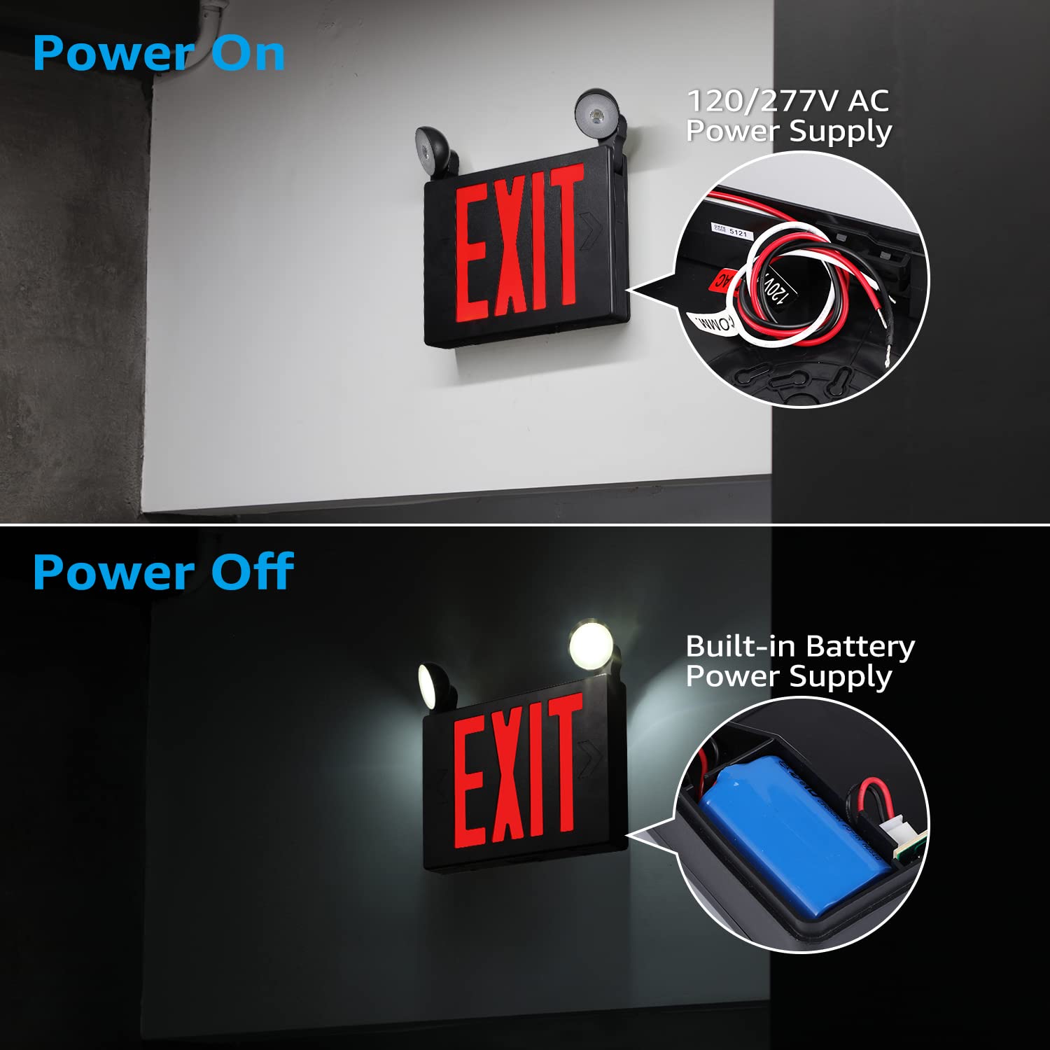 Torchstar Black Led Exit Sign With Emergency Lights, Ul 924, Emergency Exit Light With Battery Backup, Adjustable Heads, Fire Exit Sign With Lights, Double Face, Ac 120/277V, Damp Location, Pack Of 4