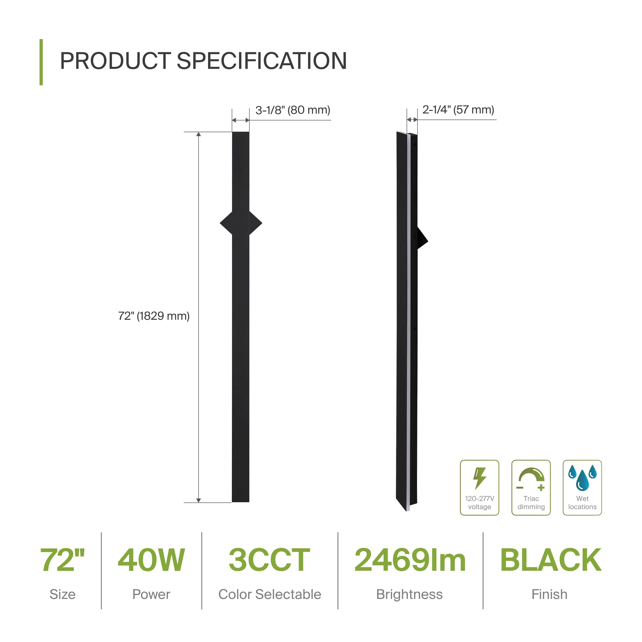 ASD LED Wall Light Fixture 40W 2400LM 3CCT Dimmable 72 Inch Black A-LWS27B-72D40BK