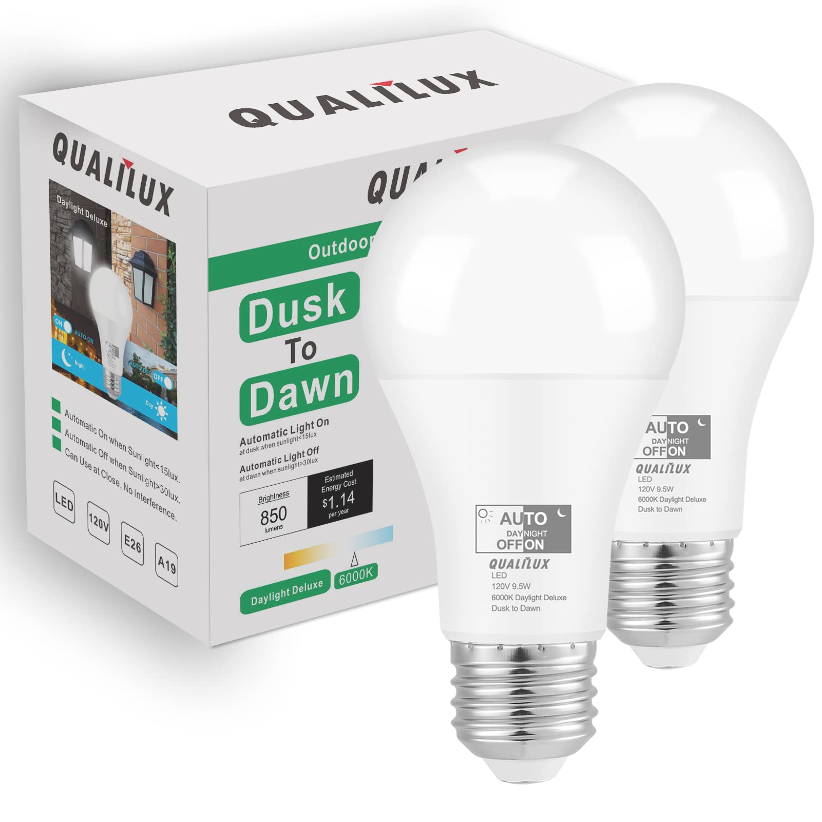 Qualilux Dusk To Dawn Light Bulbs Outdoor 850 Lumen, 60W Equivalent, Daylight Deluxe 6000K, Led 9.5W, A19, E26 Base, 2-Pack, Hq-