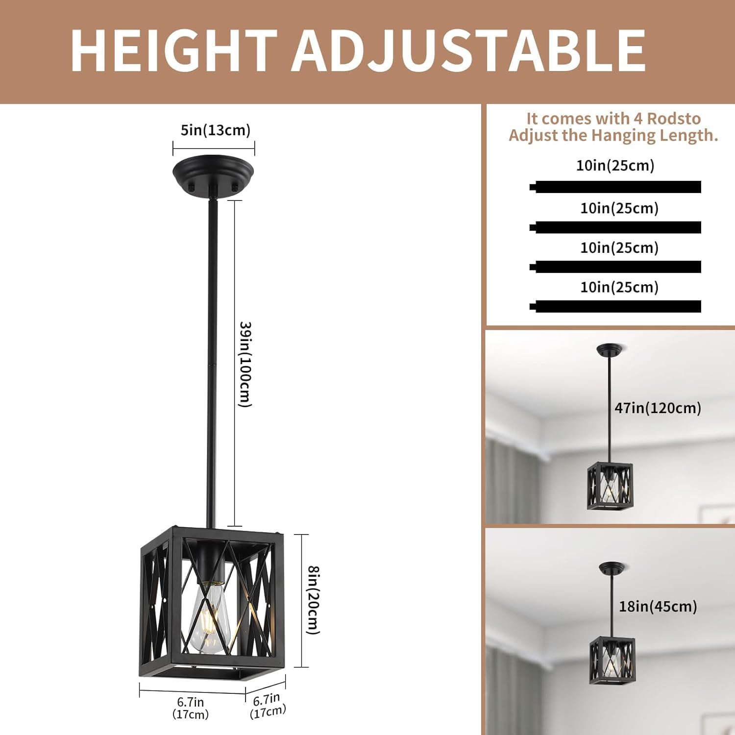 Keesfu Farmhouse Kitchen Light Fixtures, 2 Lights Small Pendant Lighting Fixtures, Adjustable Height, Industrial Dining Room Lig