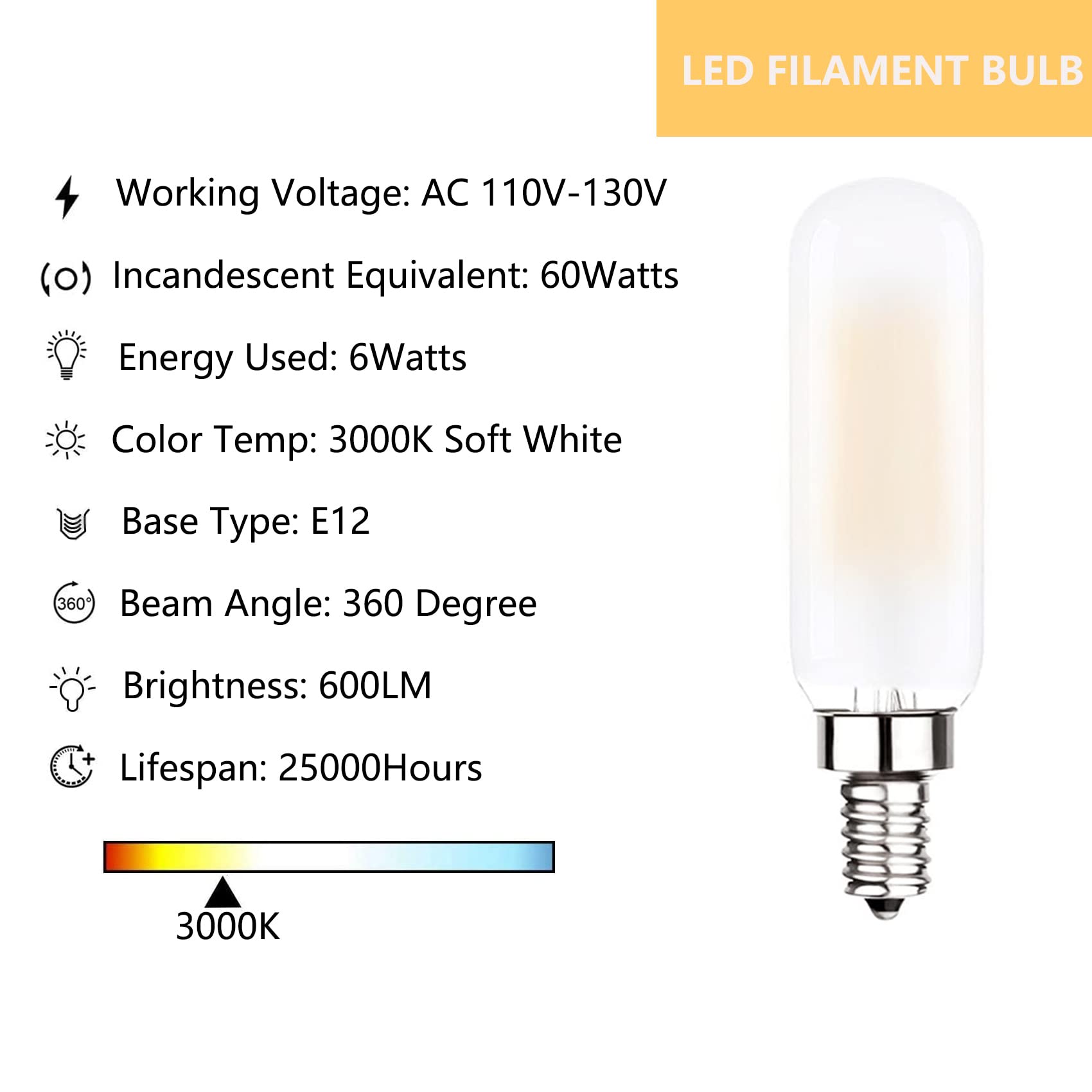 Sunaiony T6 LED Bulb 60W Candelabra Edison 3000K Soft White Frosted Glass 6W Dimmable E12 - 6 Pack