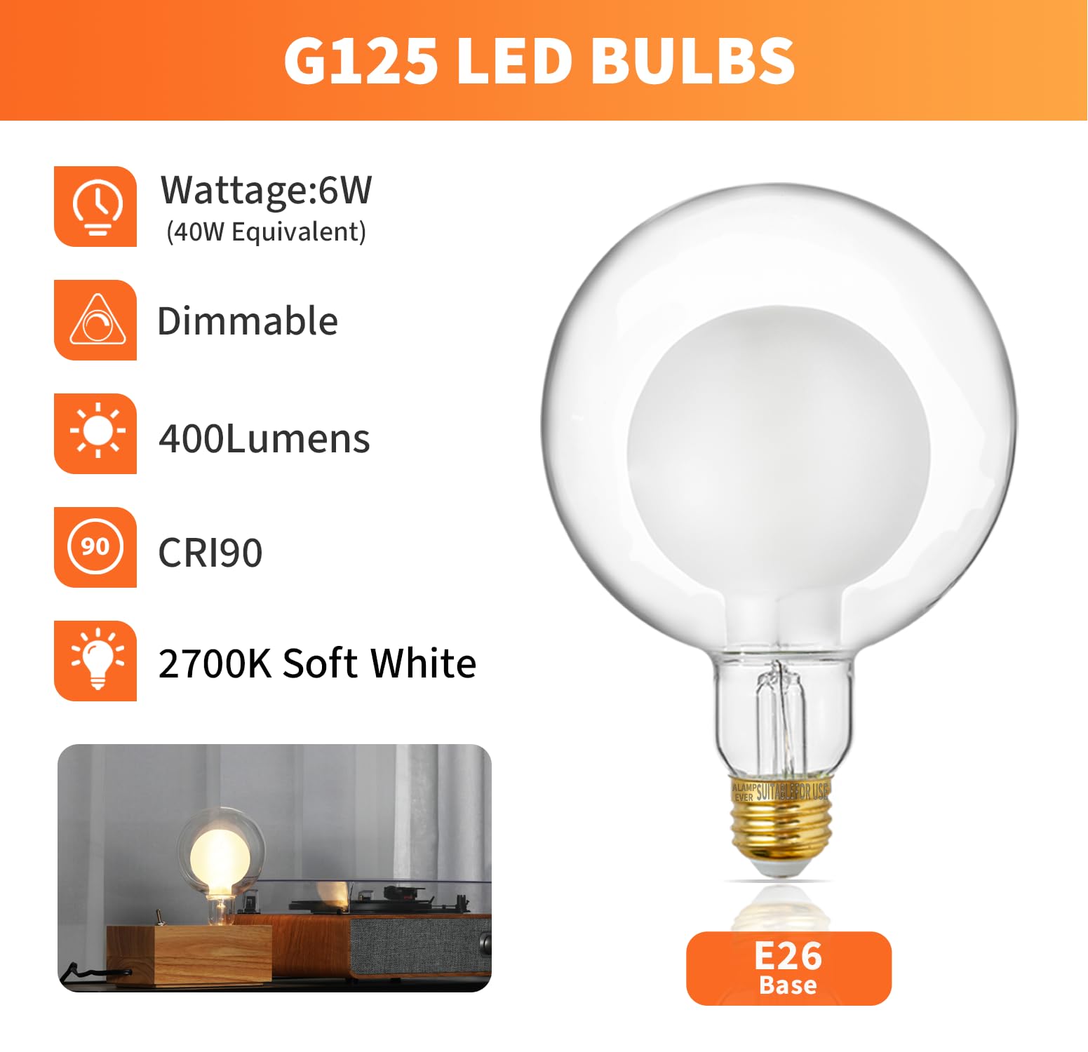 ALAMPEVER Large Globe LED Light Bulbs, 7W Equivalent to 40W, 2700K Soft White, E26 Base, G125 Model, Frosted Glass, 400