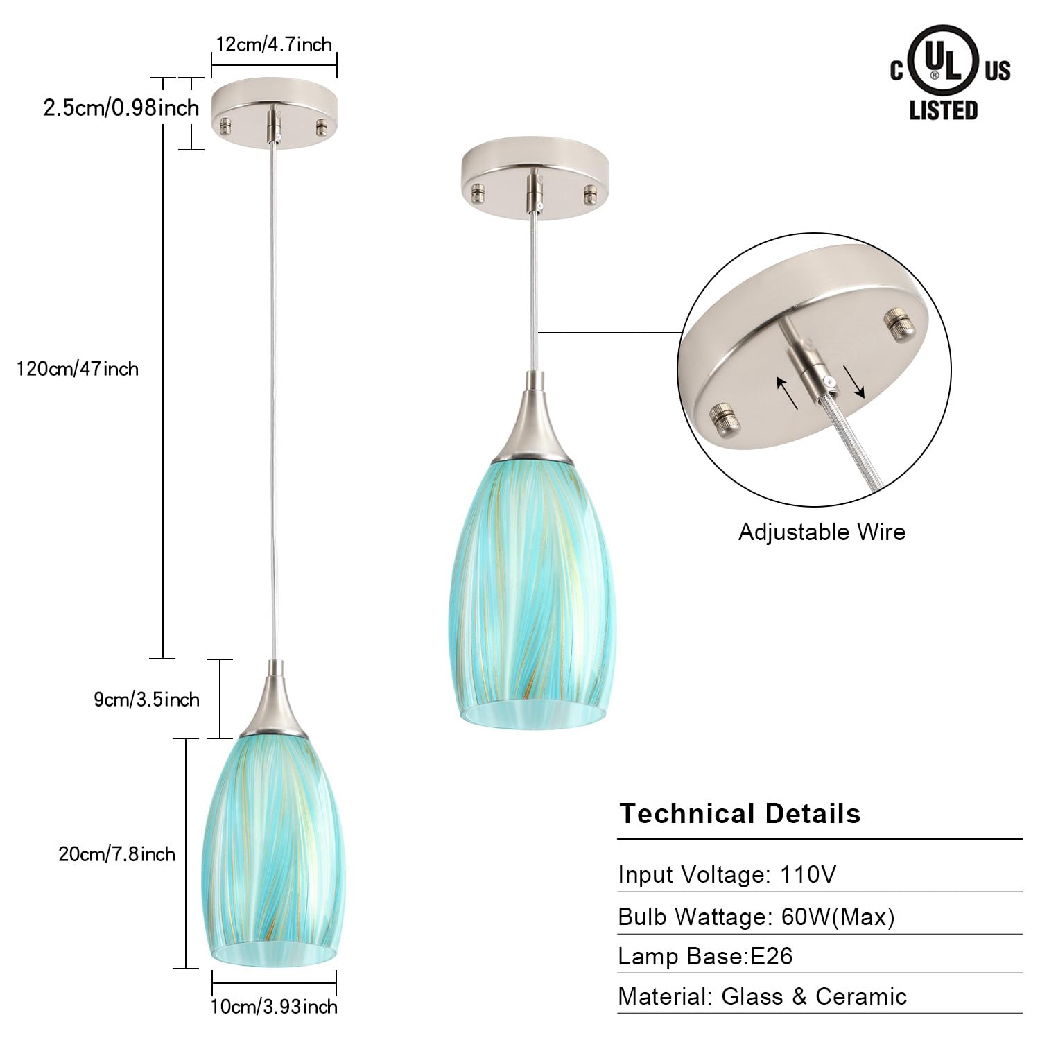 Gladfresit Sky Blue Serenity Pendant Light For Kitchen Islands - Artisanal Elegance With Adjustable Nylon Core And Ceramic Holde