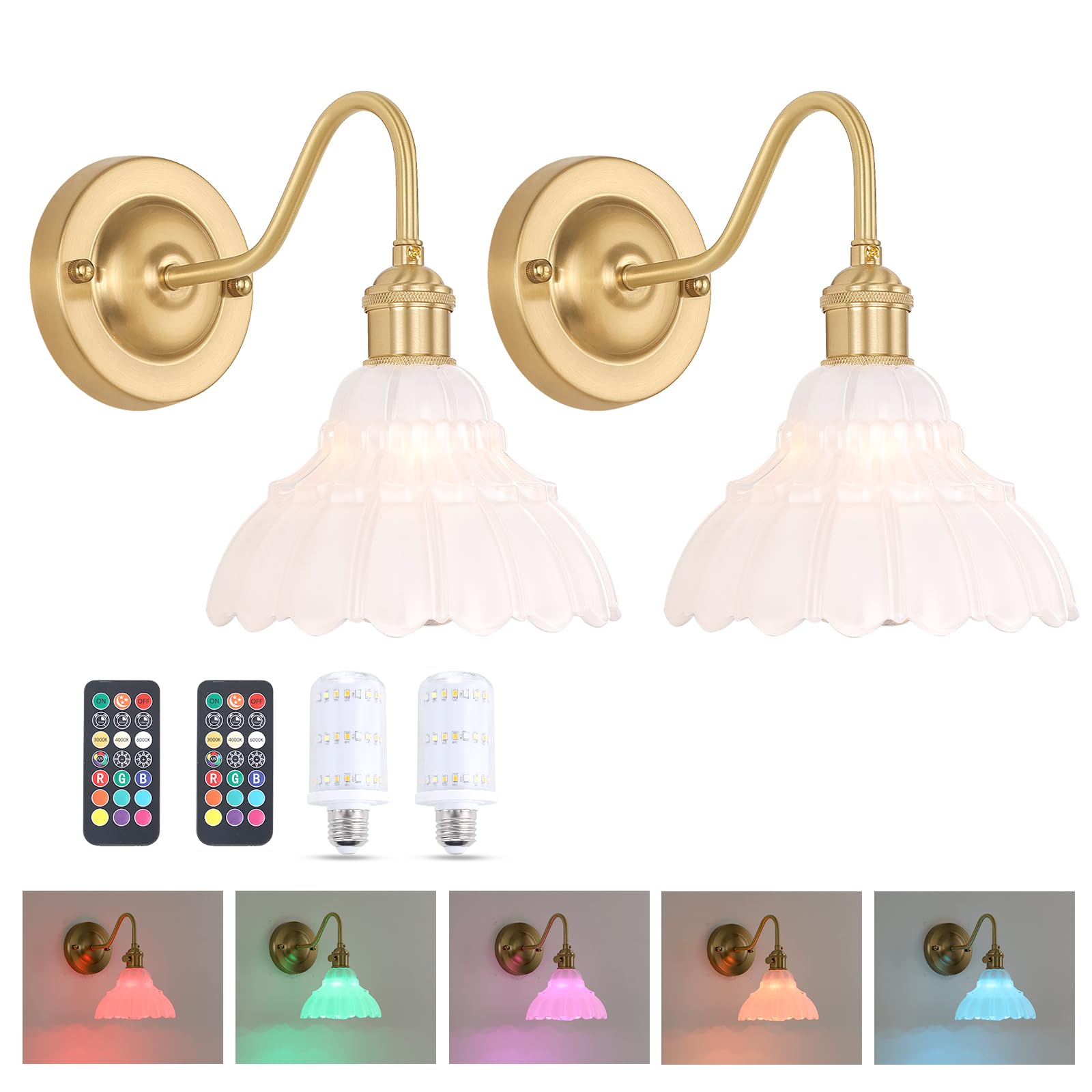 Shenmoyl Battery Operated Wall Sconce Set of 2  Vintage Rechargeable Wall Lights with White Lily Glass Shade  Wireless Indoor Wall Lamp for Bedroom Living Room Bathroom