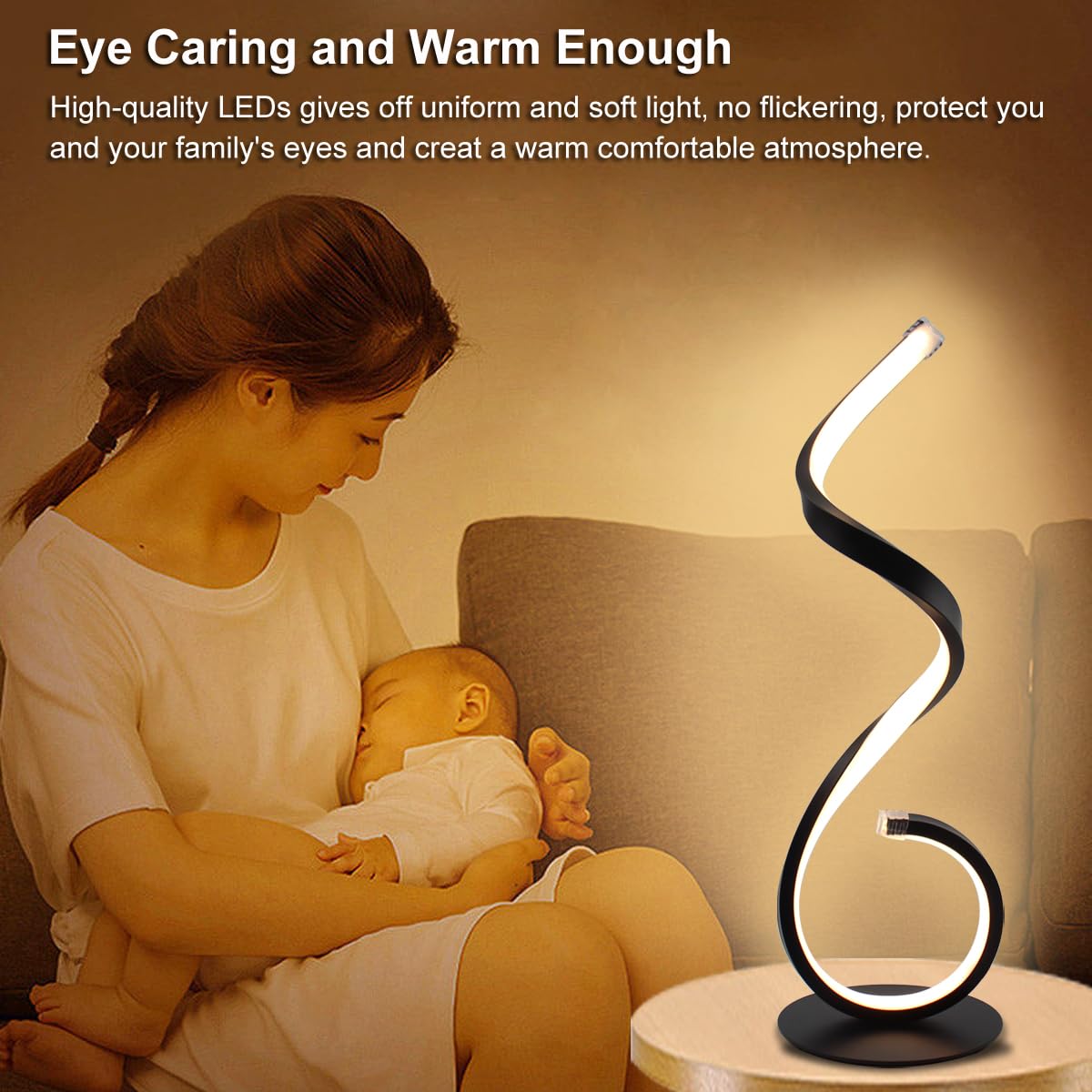 Besketie Modern Spiral Led Table Lamp - Dimmable 3 Color Modes, Black Aluminum Nightstand Light