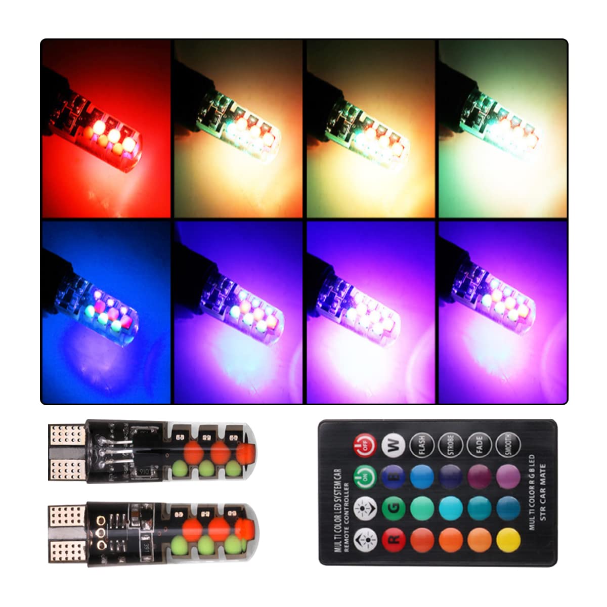 HIPOPY Car T10 RGB LED Bulb Width Light with Remote Control  2pcs Multi Mode Auto Replacement Strobe Light  COB Wedge for Interior Map Dome Door License Plate Light Reading Trunk Lights