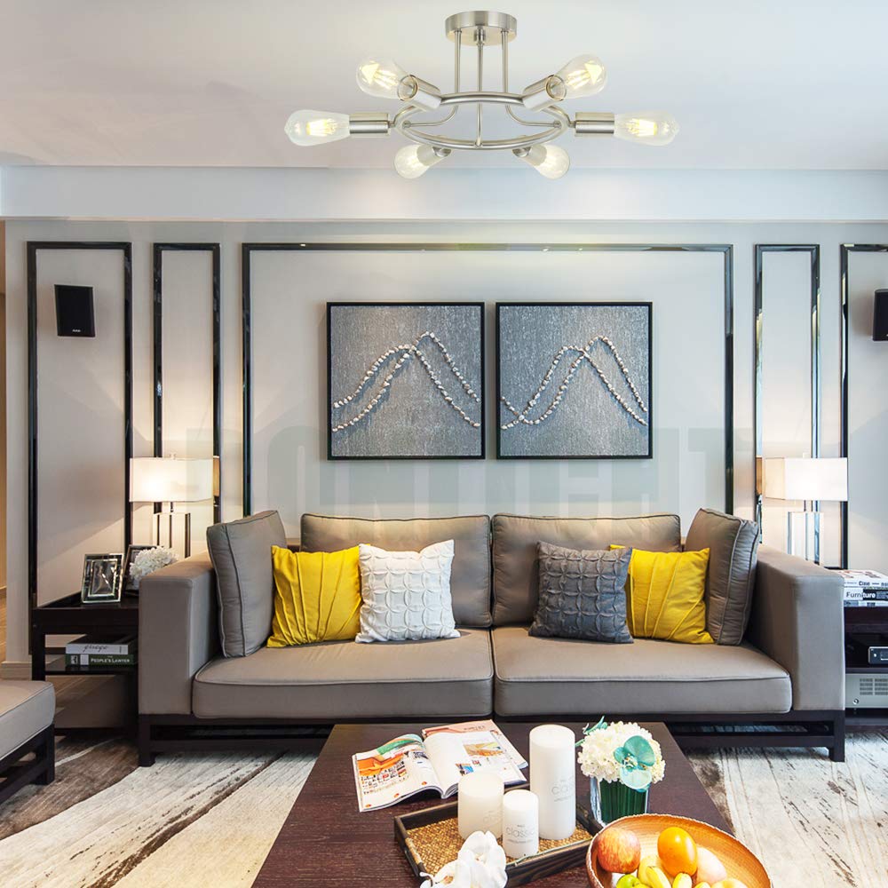 BONLICHT Sputnik Chandelier 6 Light Brushed Nickel Modern Starburst Semi Flush Mount Fixture Model 3020-6C-SN