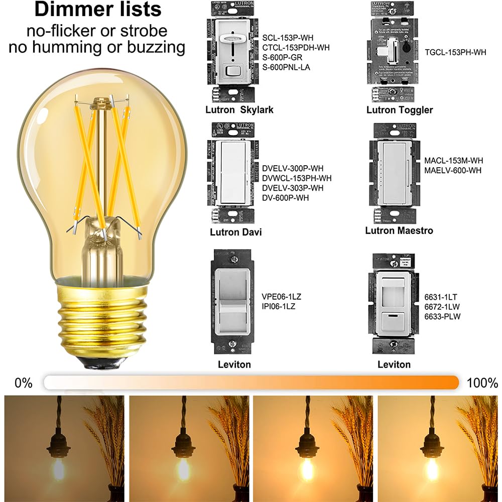 Leools Dimmable E26 Amber Led Bulb 6W Equal 60 Watt Vintage Led Edison Bulb Ac120V 2700K A15 Led Bulb For Ceiling Fan Light Bulb