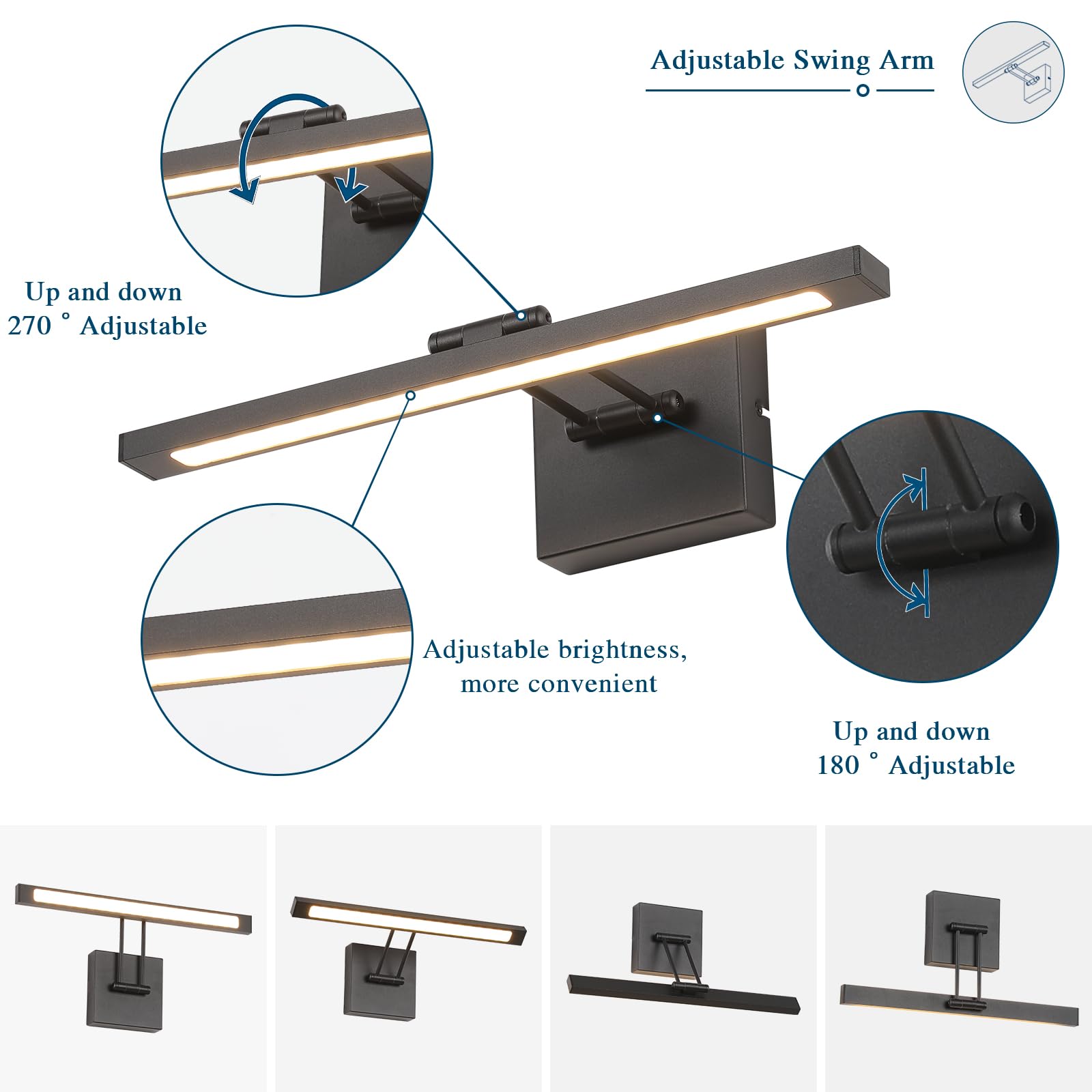 Keliden Hardwired Picture Light Black Led Dimmable Modern Picture Lights For Paintings 15.7 Inch Long Swing Arm Art Lights Warm White 3000K Display Lamp Gallery Photo Wall Light