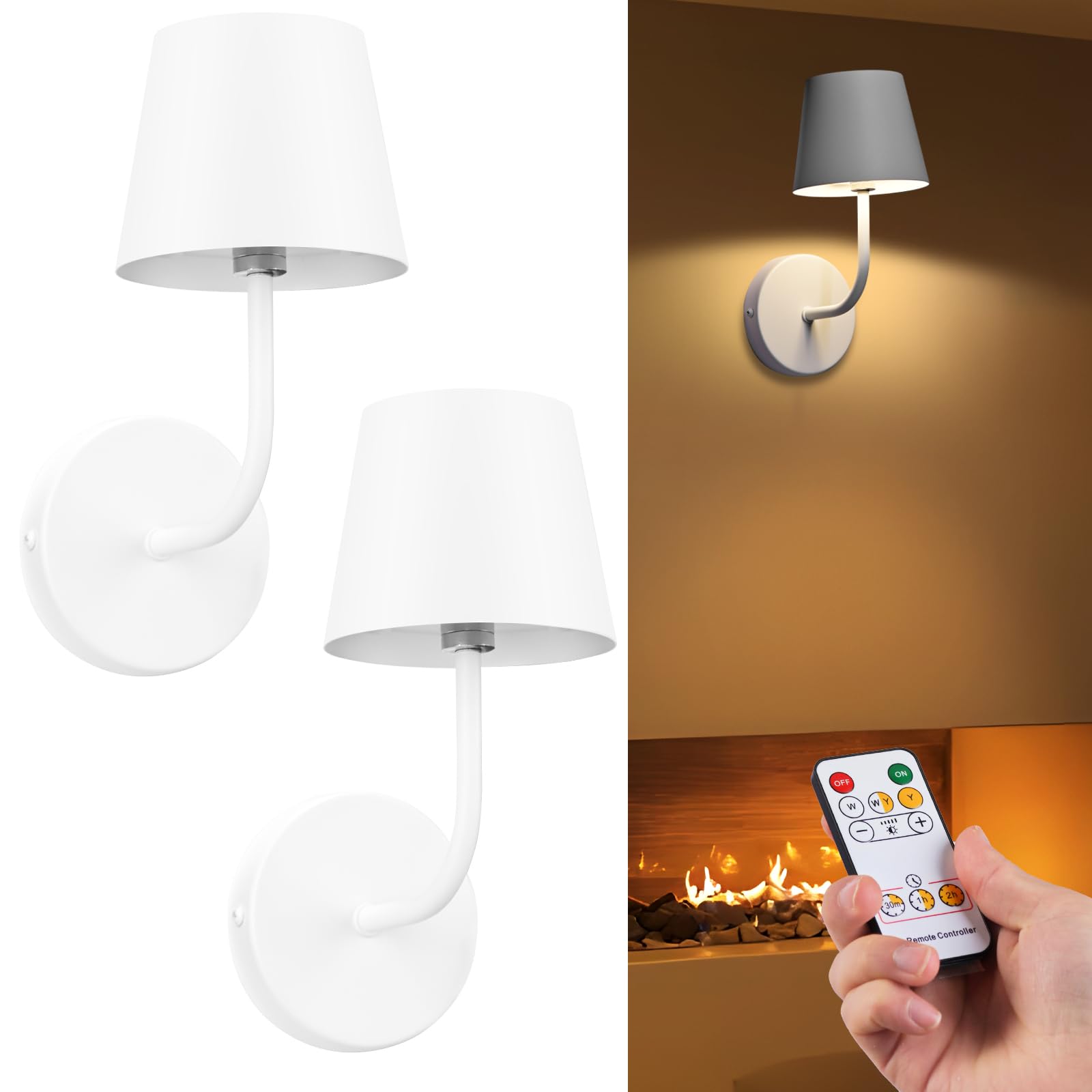 IMQSQIK LED Wall Lamp Set of 2, Rechargeable 5600mAh, Touch Control, White, Model RQ-14-2Pack