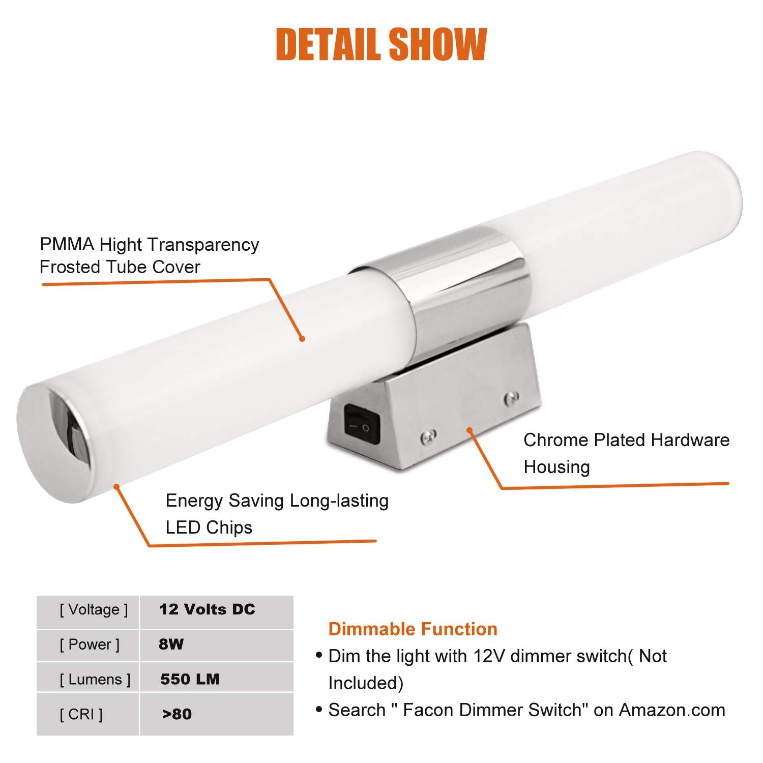 Facon LED RV Wall Sconce, 12V Bathroom Mirror Light, 16.7 Inch, Chrome, Model LF1917-005