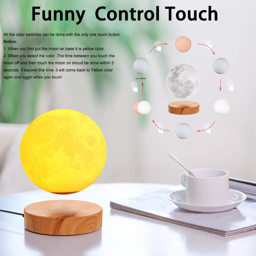 VGAzer Levitating Moon Lamp, 3D Printed LED Light, Floating & Spinning, Model VA1213, 3 Colors