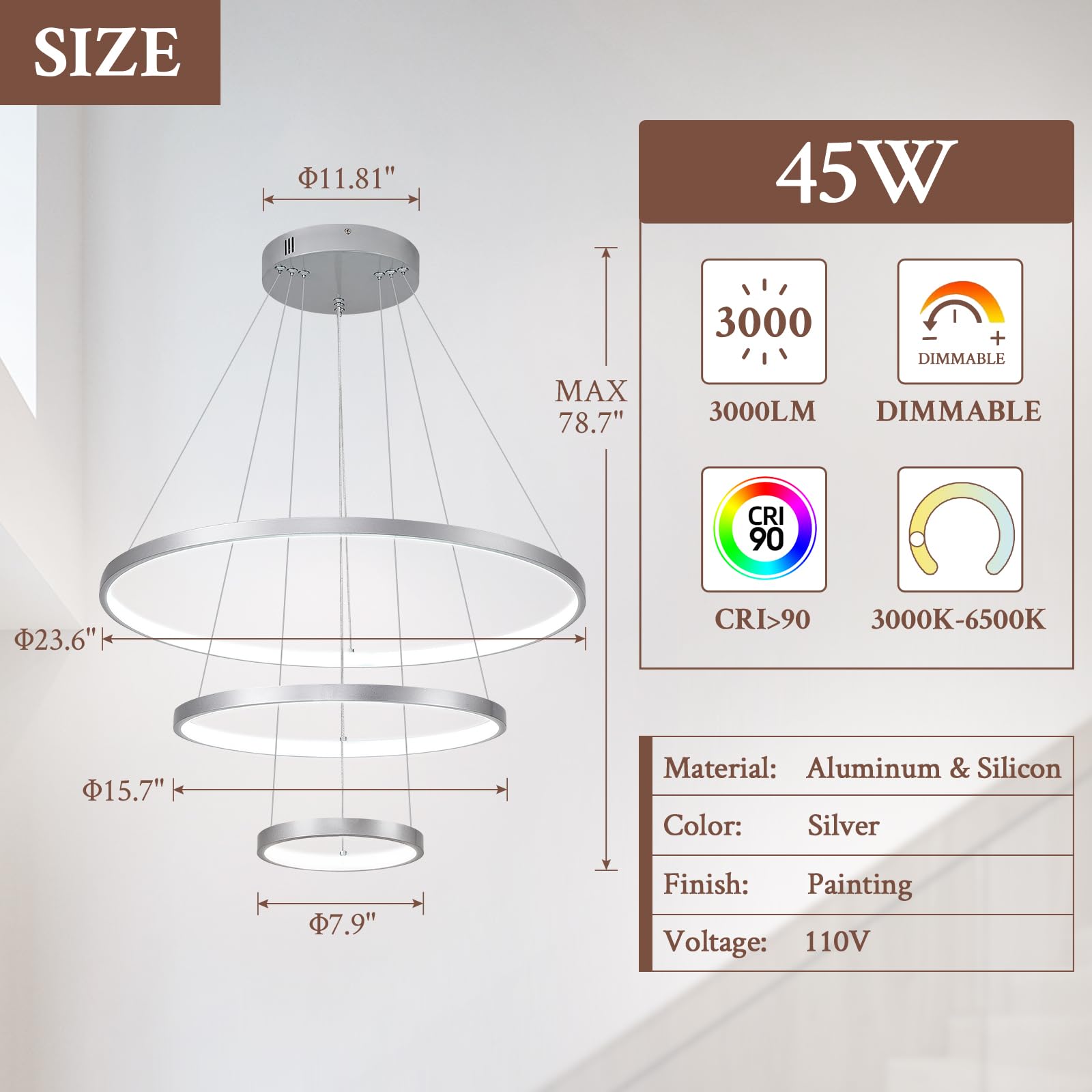 Sparklelf LED Chandelier, Silver, 3 Rings 23.6inch, Dimmable, Remote Control, Model SE-P16-3SDC1