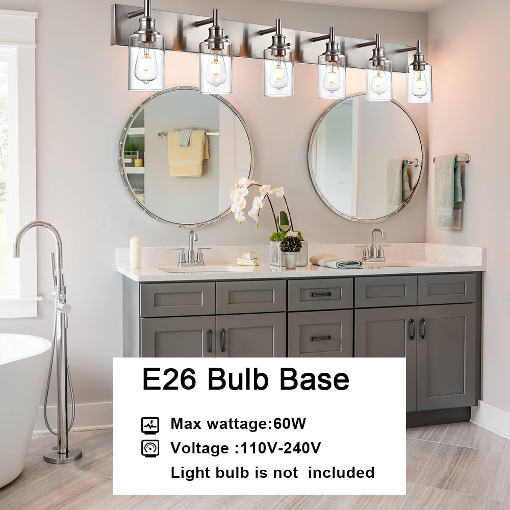 Wanluce Brushed Nickel 6 Light Fixtures For Bathroom Vanity Lights Industrial Modern Farmhouse Wall Lighting With Clear Glass Sh
