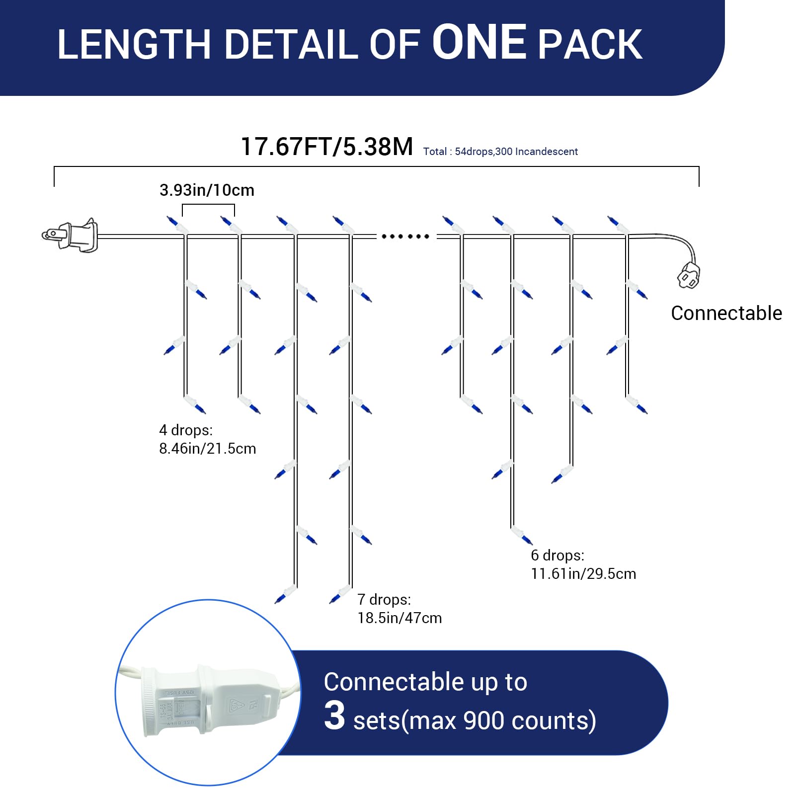 new one 2 Pack Icicle Lights, 17.67 FT 300 Incandescent Blue Icicle Christmas Lights with White Wire, 3 Connectable Icicle Strin