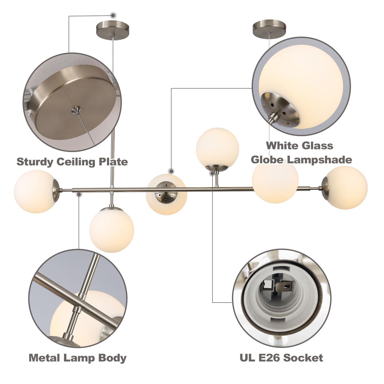 KCO Modern Pendant Light, 6-Light Sputnik Chandelier, Metal, Silver+White, Adjustable for Kitchen Island, Living and Dining Room