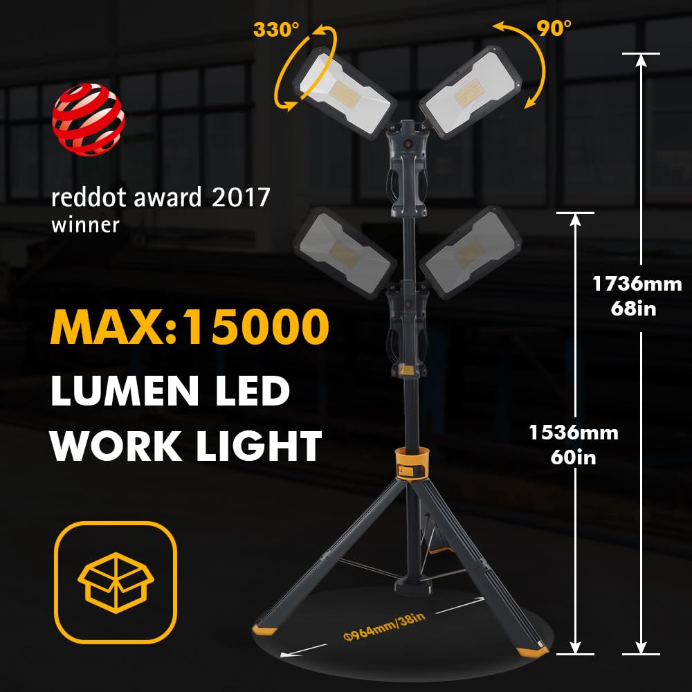?Upgraded? Lutec 6290Max 15000 Lumen 138W Dimmable Led Work Light With Telescoping Tripod, Adjustable Color Temperature Dual-Head Work Light With Stand And 8 Ft 3-Prong Power Cord