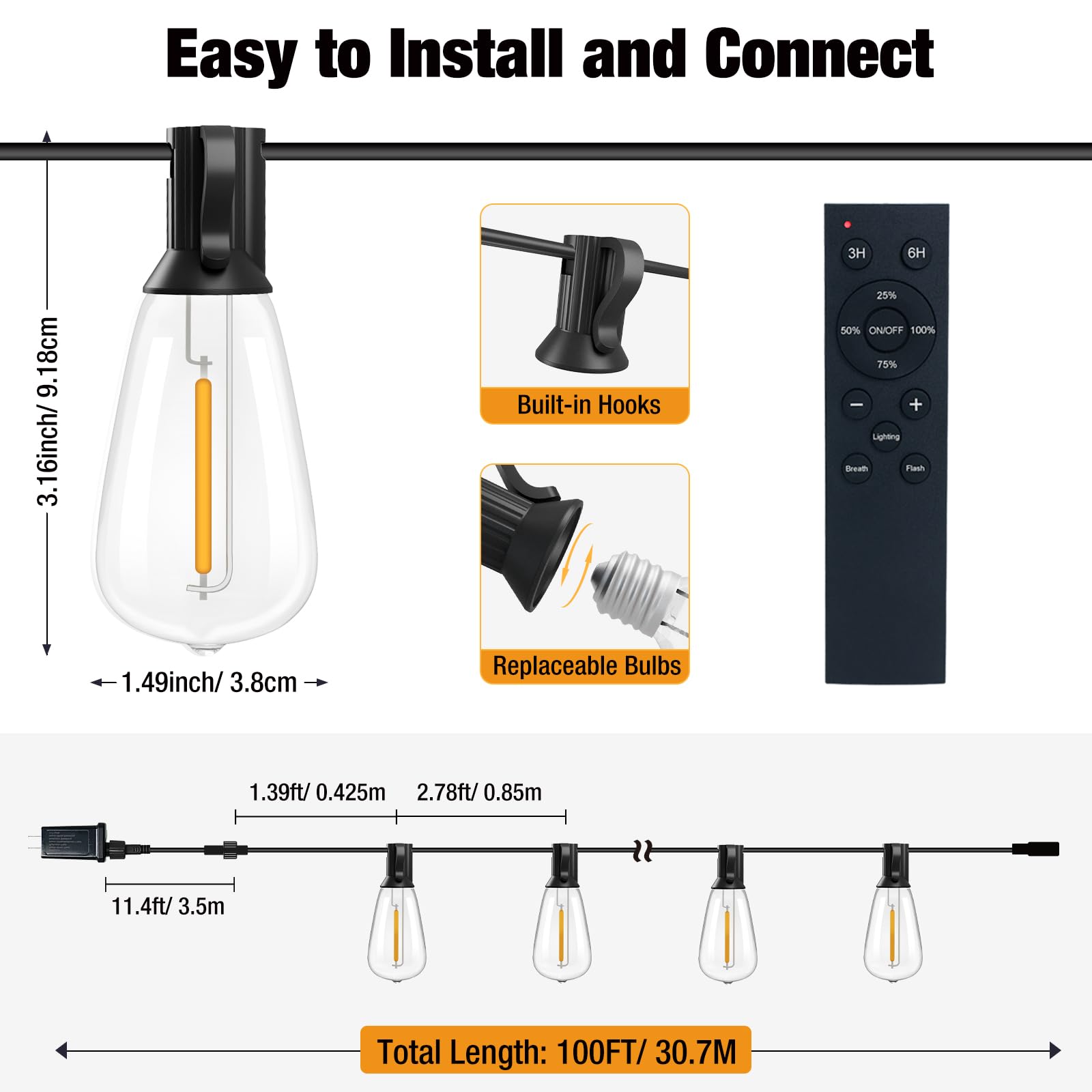 Btfarm 100Ft Led Outdoor String Lights Waterproof With Remote, Patio Lights With 32+2 St38 Edison Bulbs, Hanging Lights For Outs