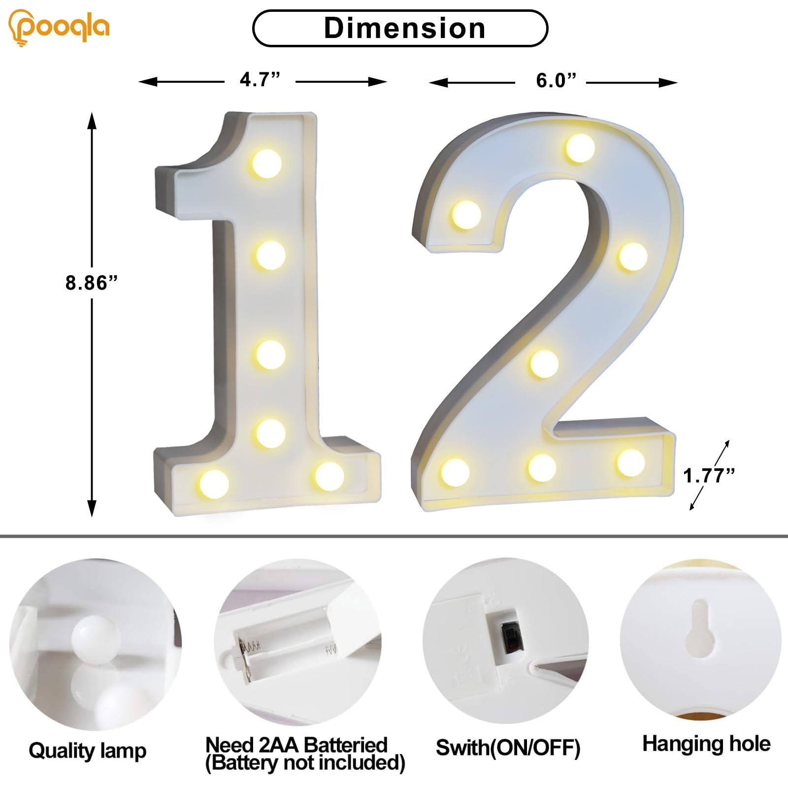 Pooqla Decorative Led Light Up Number Letters, White Plastic Marquee Number Lights Sign For 12Th Birthday Party Wedding Decor Battery Operated Number (12)