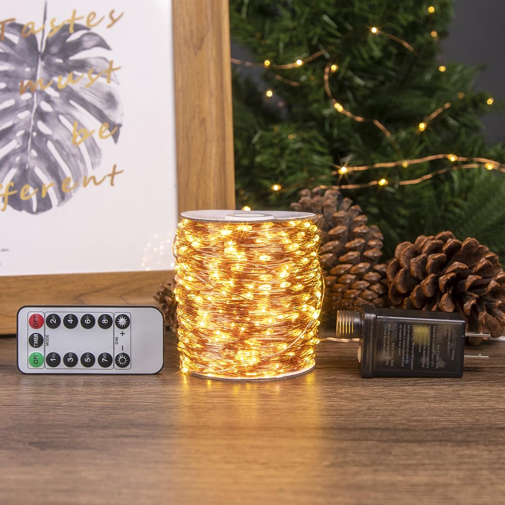 PCORES 100FT Plug in Fairy Lights with Remote Warm White 300 LED Copper Wire LED String Lights for Bedroom Living Room Patio Por