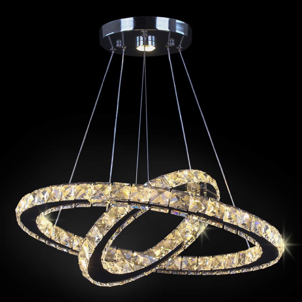 LED Chandelier Modern Contemporary 2 Rings Pendant Light Adjustable Stainless Steel Crystal Ceiling Lighting Fixture for Bedroom