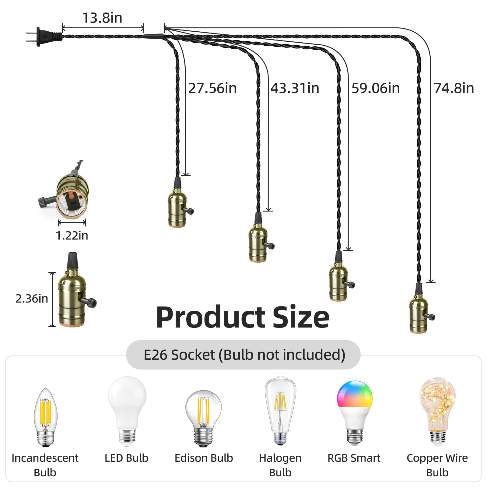 Aokpsrt Vintage Plug-in Pendant Light Kit, 4 E26/E27 Sockets, Metal, Bronze, JD-120, DIY Industrial Lighting for Living Room & Patio
