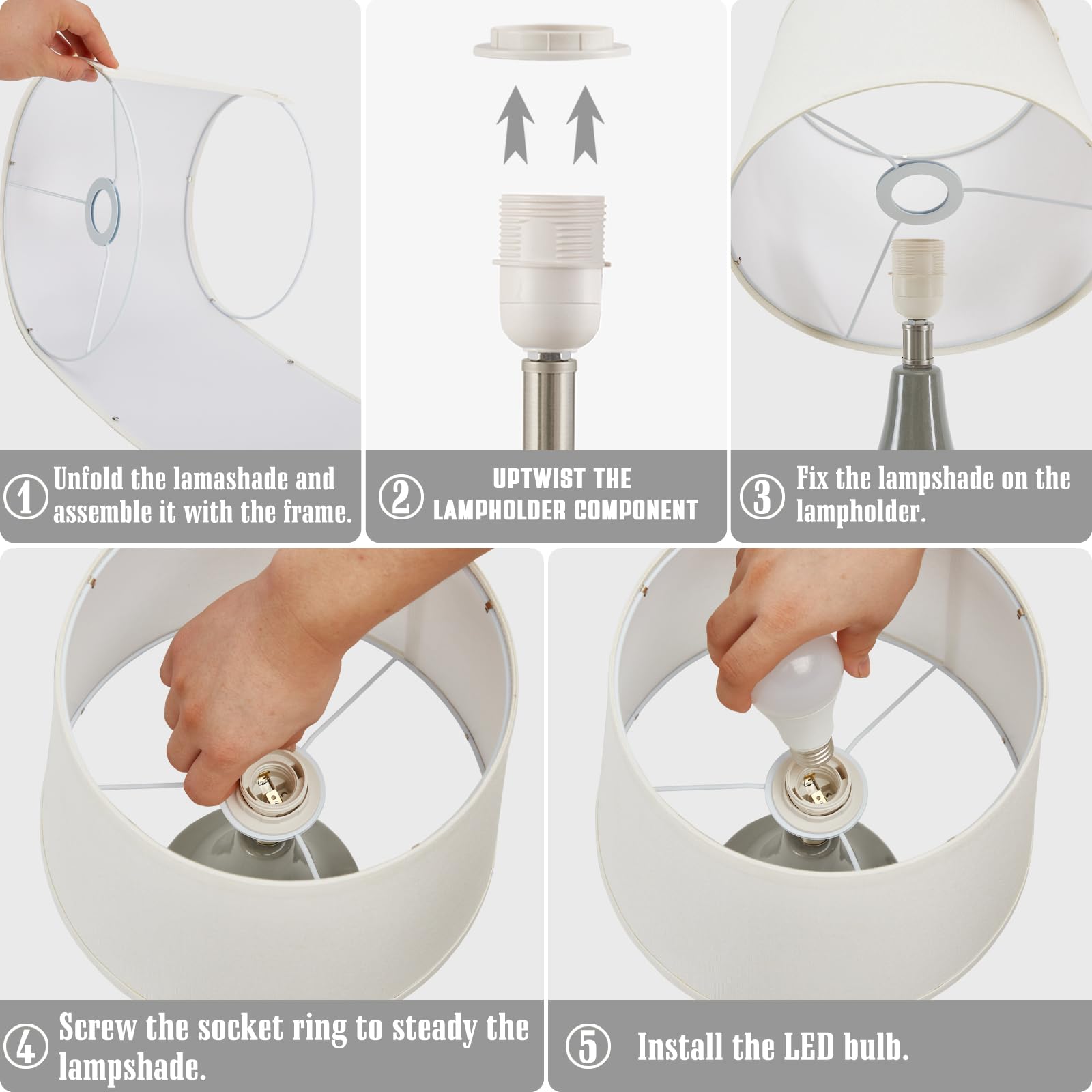 Gyrovu Grey Ceramic Table Lamp Set Of 2 With White Lampshade & Led Bulbs For Living Room & Bedroom