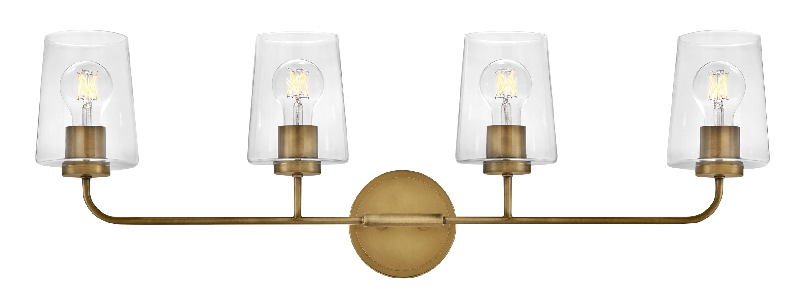 Lark Kline Four-Light Bath Vanity, Tapered Clear Glass Shades, Mount Up or Down, Heritage Brass Finish