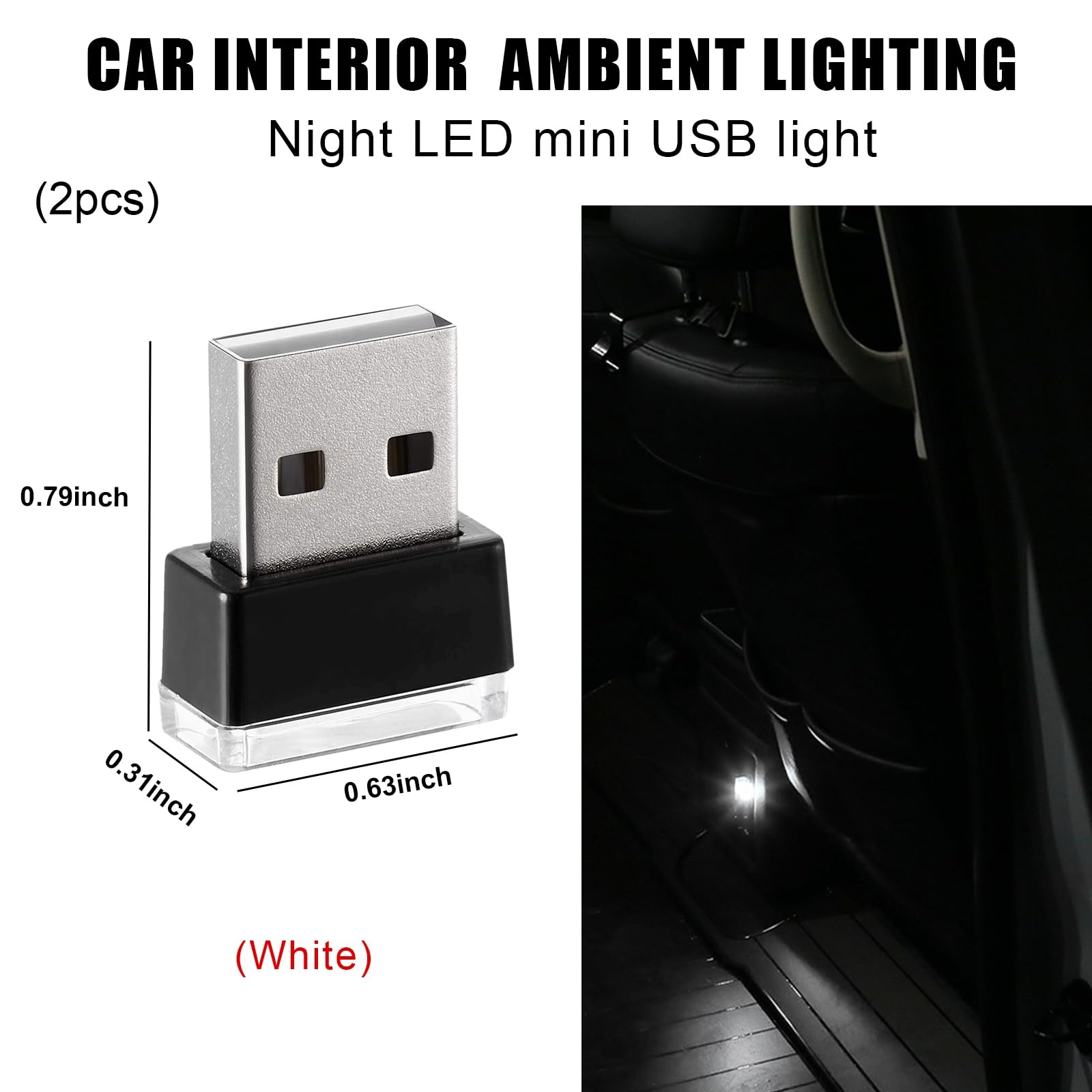 Sylvil 2 Pcs Usb Led Car Interior Atmosphere Lamp  Portable Mini Led Night Light  Plug-In Usb Interface Trunk Ambient Lighting Kit  Universal Interior Car Accessories (White)