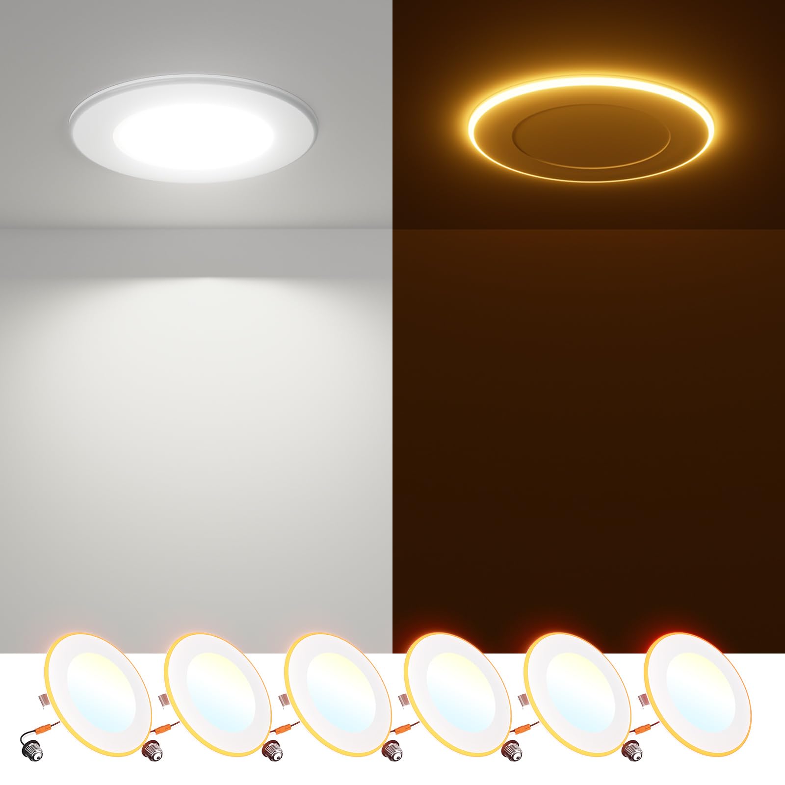 FREELICHT 6 Pack 4 Inch 5CCT LED Recessed Can Light with Night Light, 2700K/3000K/4000K/5000K/6000K Selectable Flat Recessed Lig