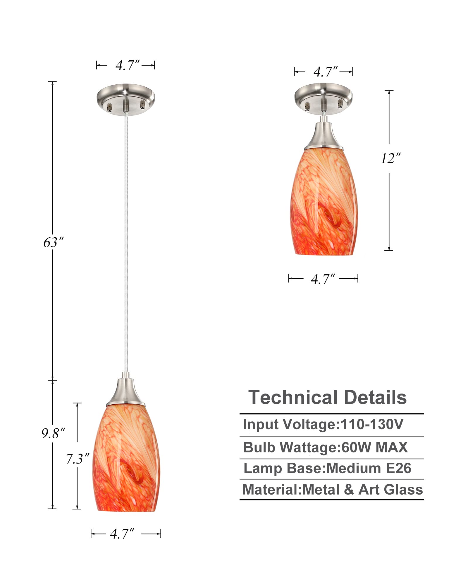 Karyfine Art Glass Mini Pendant Lights Kitchen Island Marble Glass Pendant Light Shade With Brushed Nickel Finish Ceiling Hangin