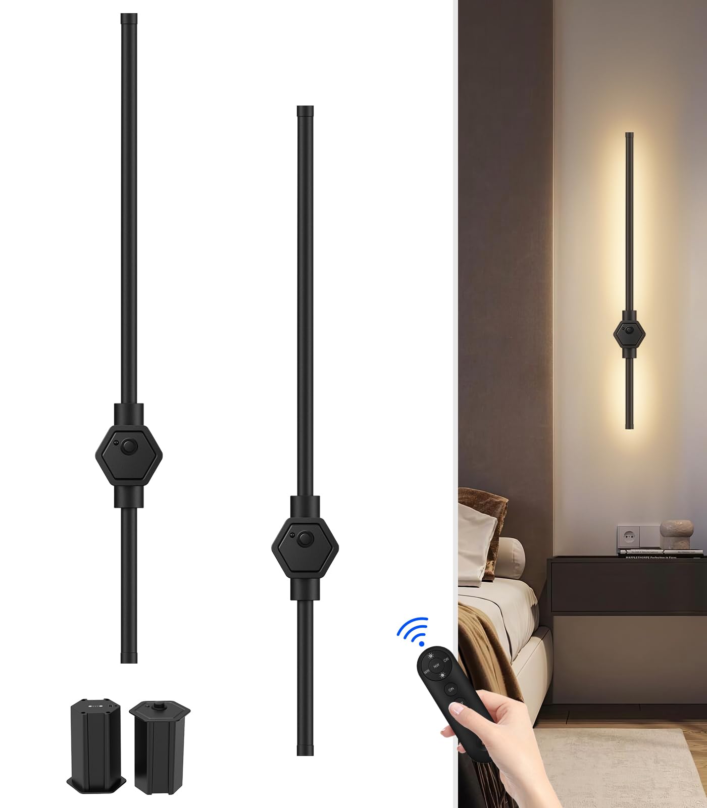 Bemokuri Battery Operated Wall Sconce Set Of Two, 2 Extra Removable Battery Compartments Included, 3000K-6500K Dimmable Wireless