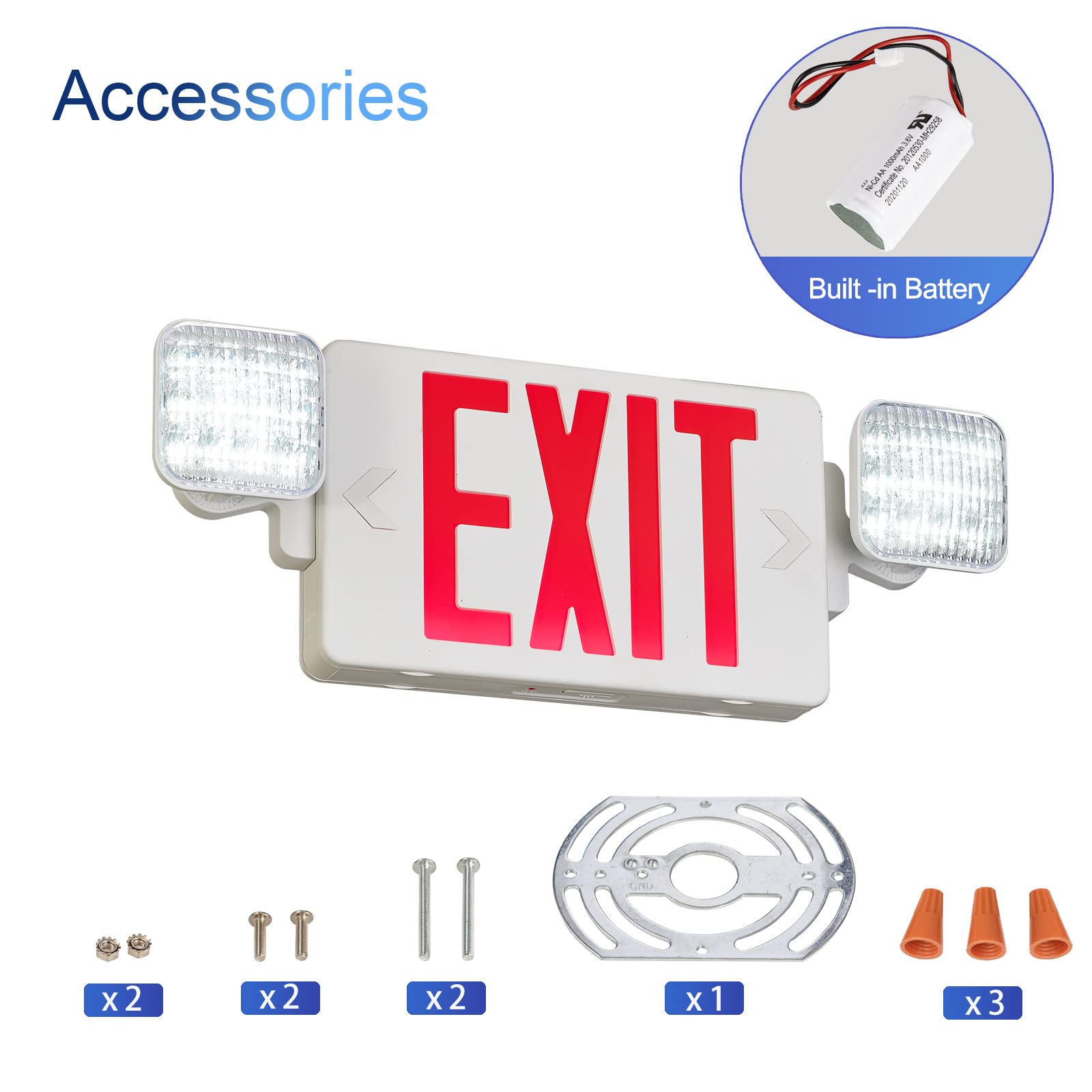 Tanlux Red Exit Sign With Emergency Lights, Led Emergency Exit Light With Battery Backup, Ul Listed, Ac 120/277V, Commercial Eme