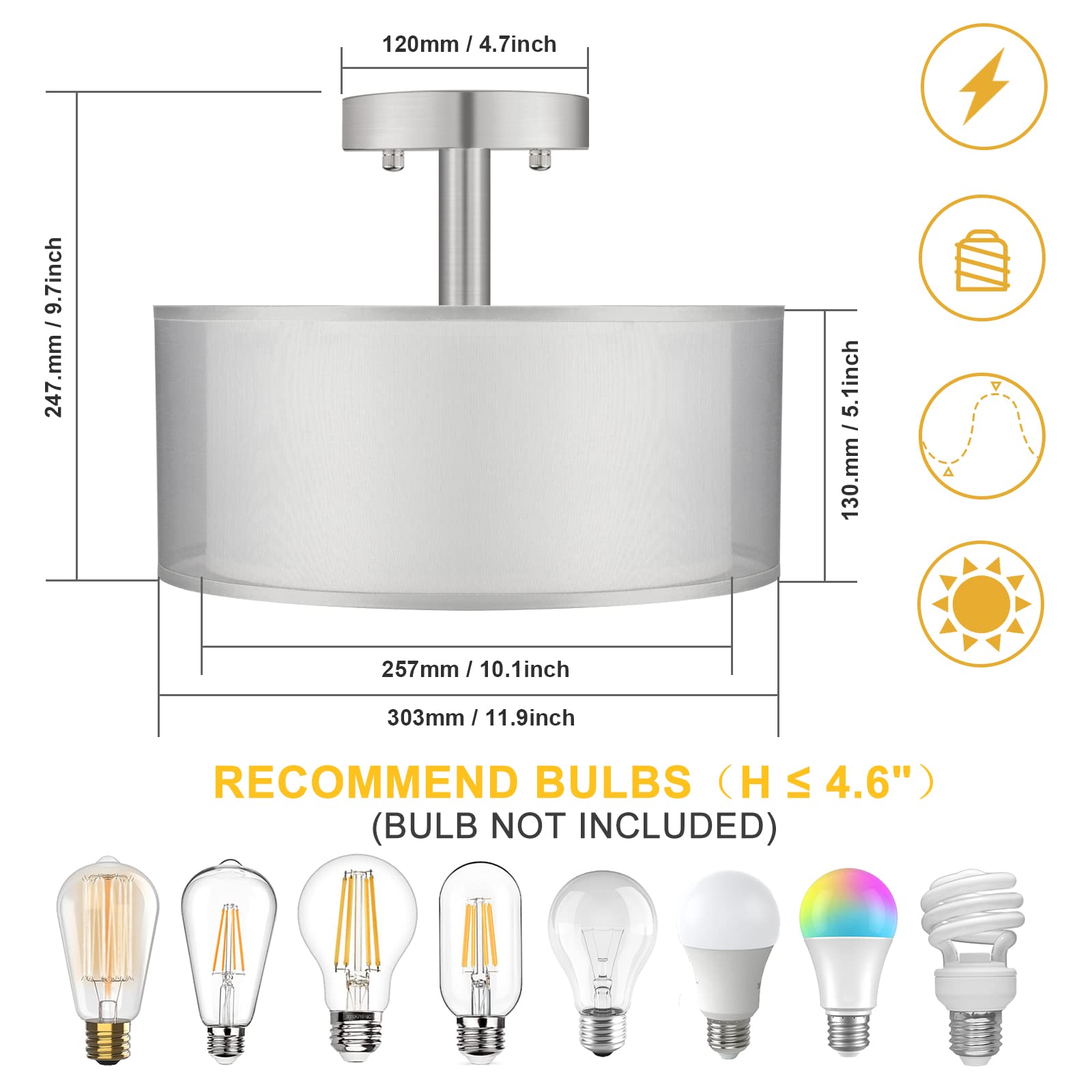 Folksmate Silver Semi Flush Mount Ceiling Light Fixture, 3-Light Drum Light With Double Fabric Shade, Modern Close To Ceiling La