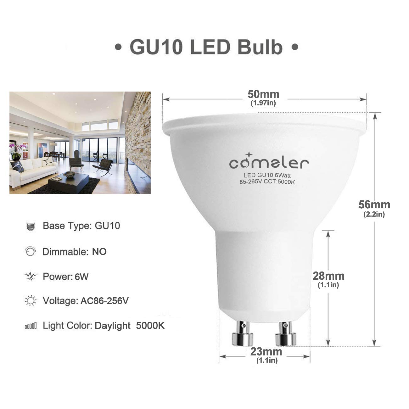 Comzler Gu10 Led Bulbs, 6W (50W Equivalent), Gu10 Base Halogen Replacement Bulb, 5000K Daylight, 120, 120V,550Lm, Not-Dimmable,