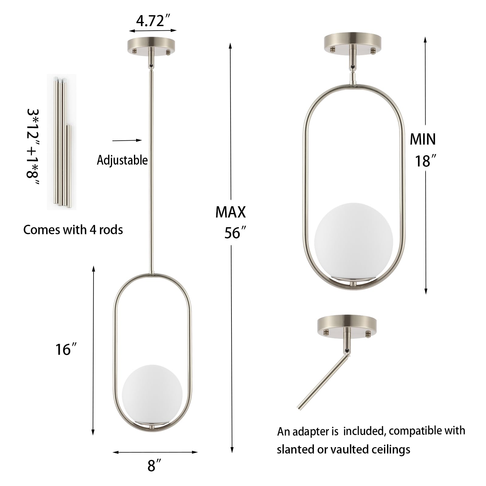 Byoliima Modern Globe Pendant Light Brushed Nickel Chandelier 1-Light Mid Century Ceiling Hanging Lighting Fixture White Globe Glass Shades For Kitchen Island Dining Room Bedroom