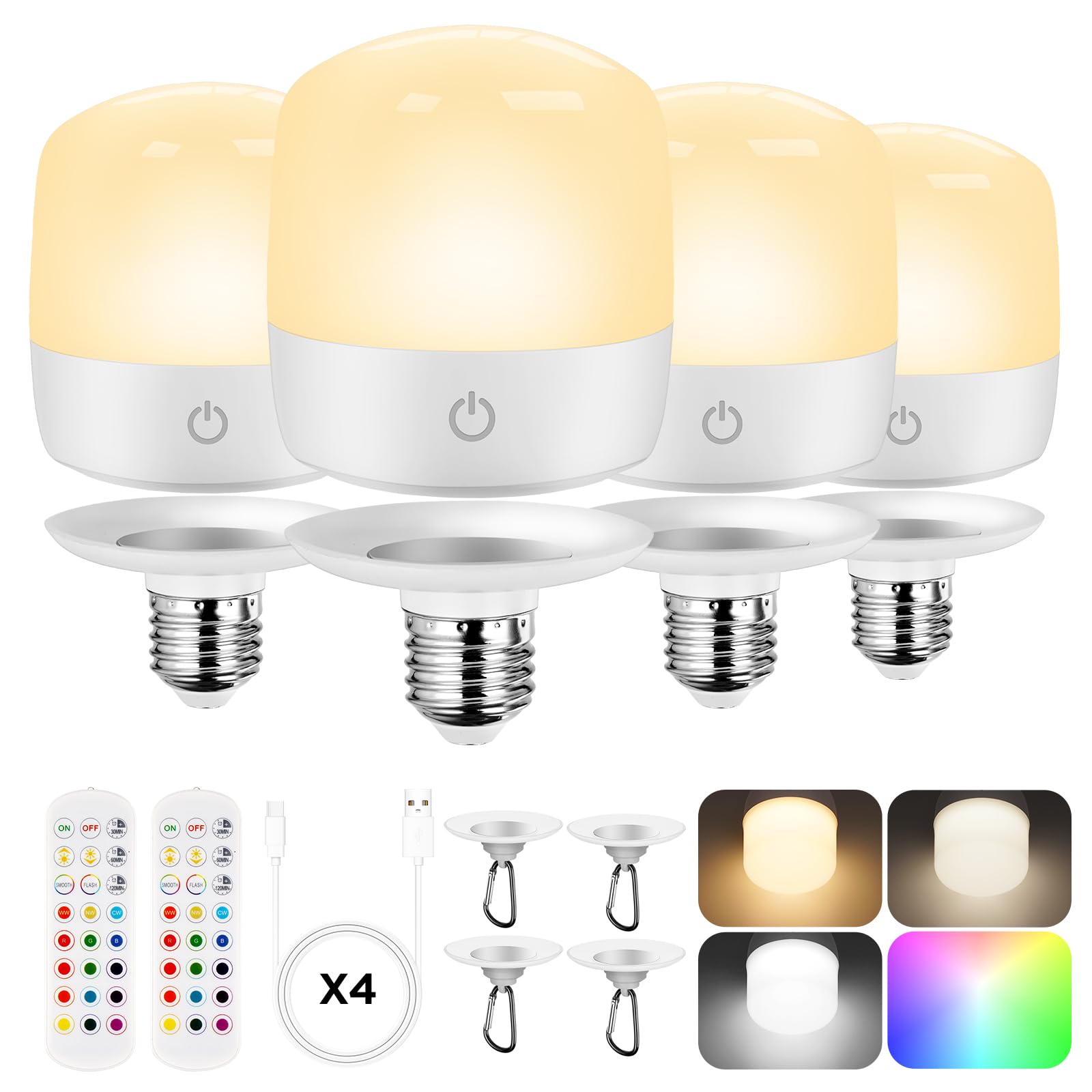 Rechargeable Battery Operated Light Bulb 4Pack, Dimmable Led Bulb With Remote Control & 2 Detachable Base, 4000Mah Battery Power