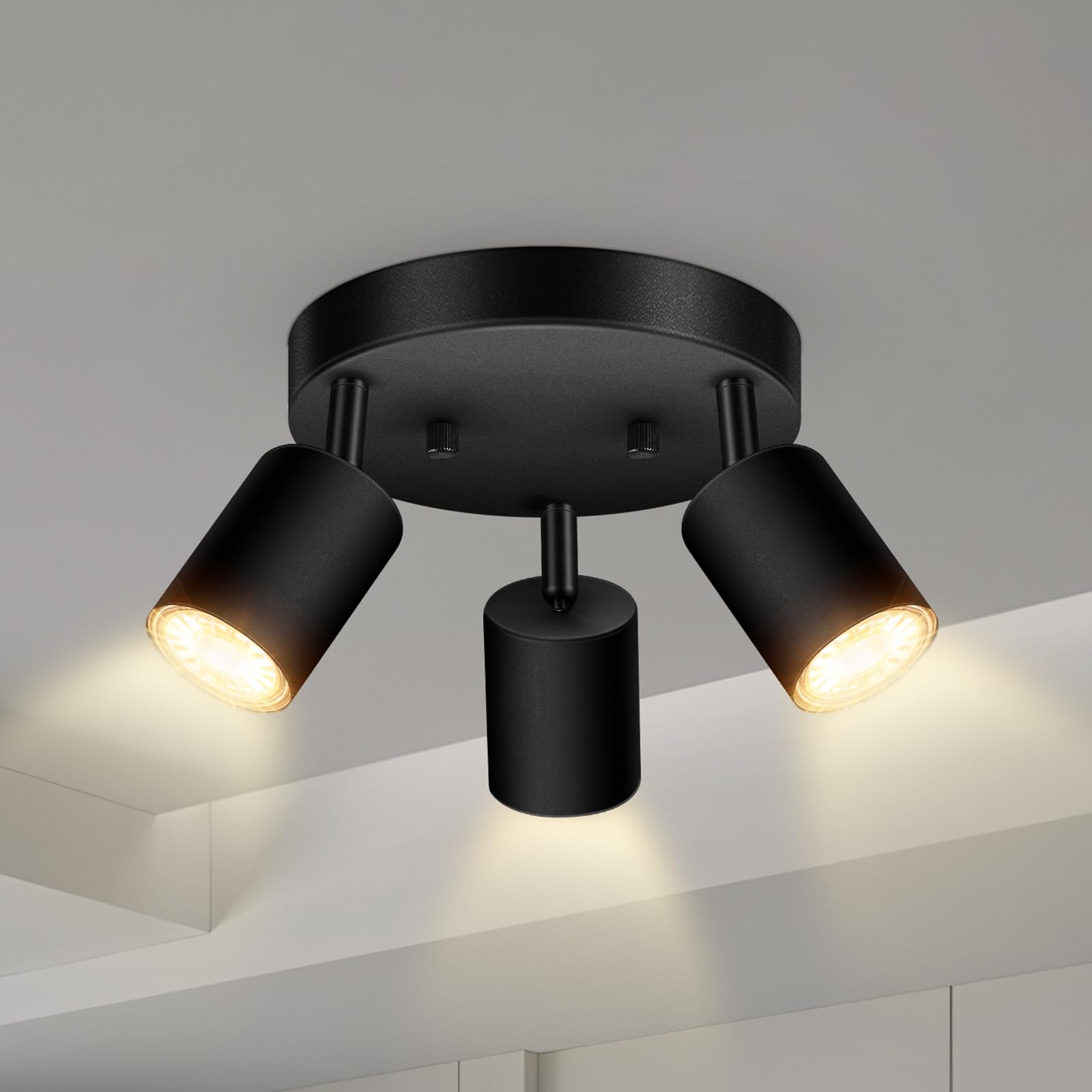 3 Light Track Lighting Fixtures Ceiling  Matte Black Round Directional Ceiling Spotlight  GU10 Flush Mount Ceiling/Wall Fixture  Adjustable Modern LED Track Light for Kitchen/Living Room  No Bulb
