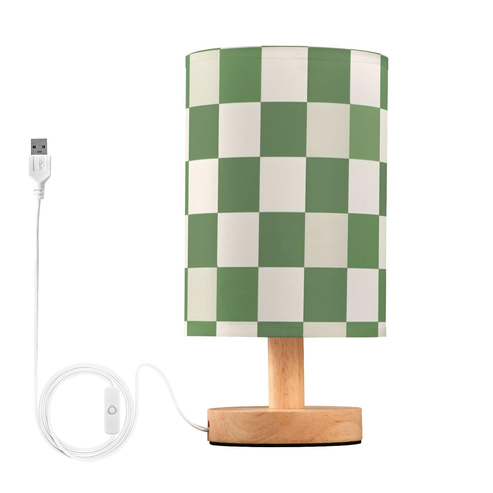 BOENLE Bedside Lamp Green White Checkered Pattern Table Lamp for Bedroom LED Nightstand Lamp Shade USB Ports Wood Base for Livin