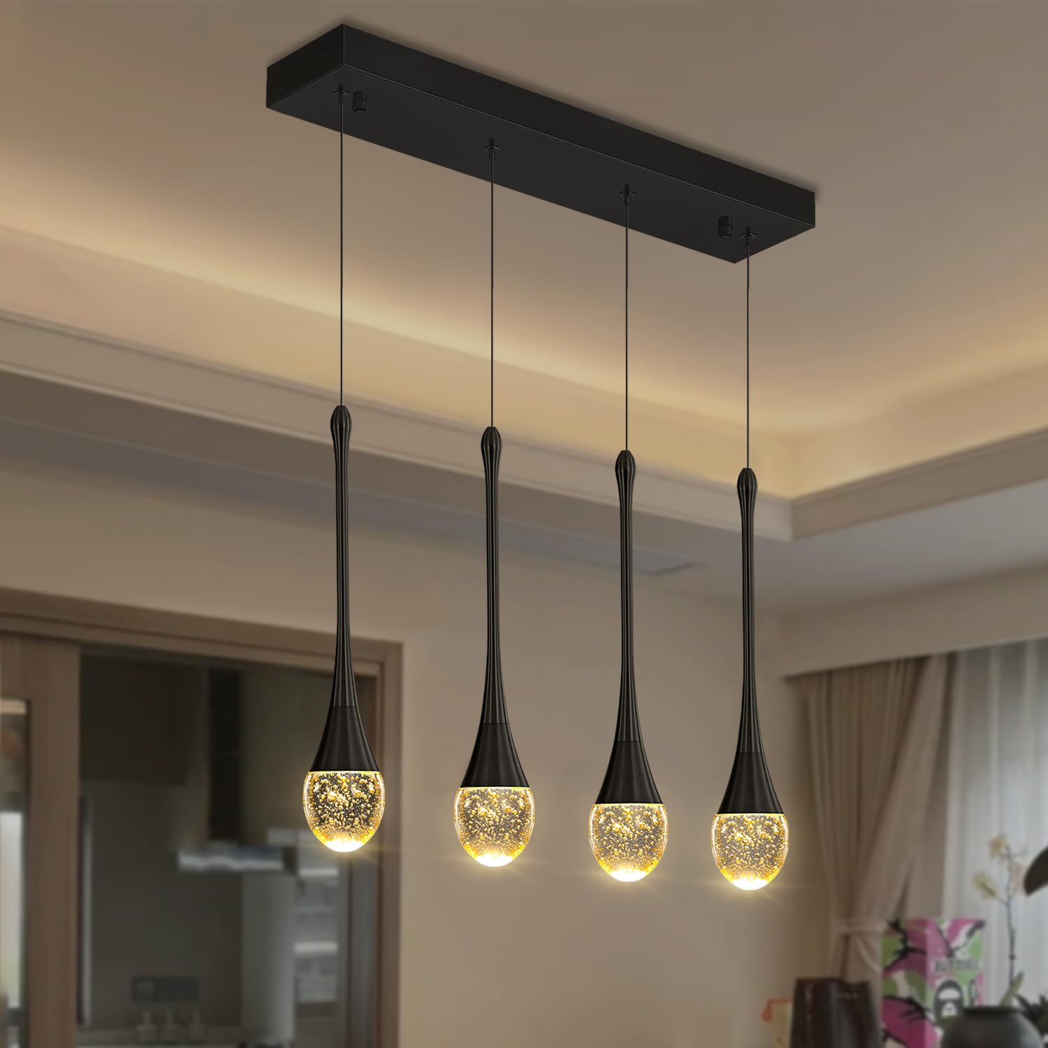 ykolupty Dining Room Light Fixture 4-Light Black Kitchen Island Lighting Industrial Linear Crystal Chandeliers for Dining Room P