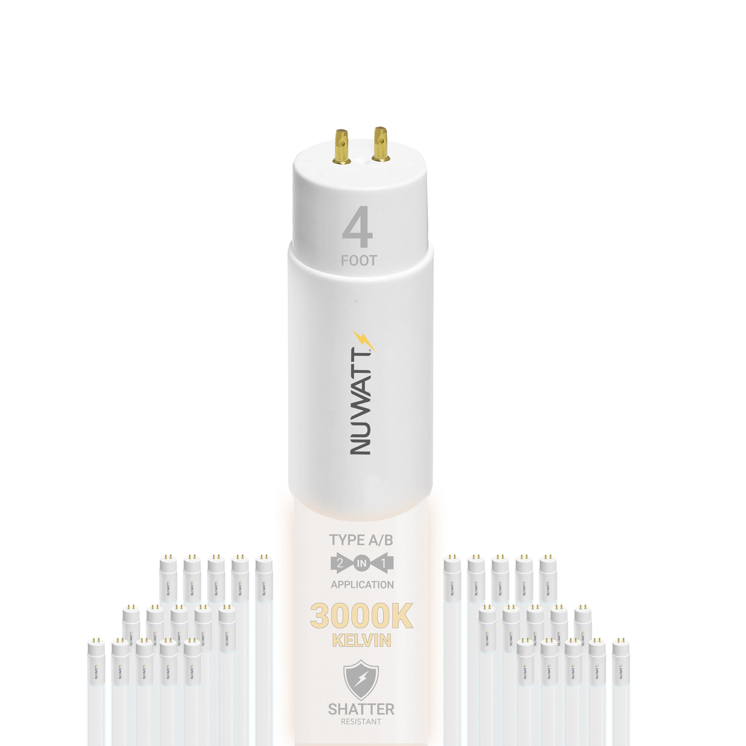 NUWATT 30 Pack 4 FT LED T8 Tube Light, T10 T12 Hybrid Type A+B, 3000K Warm White, 18W, High Brightness 2,200 Lumens, Plug & Play