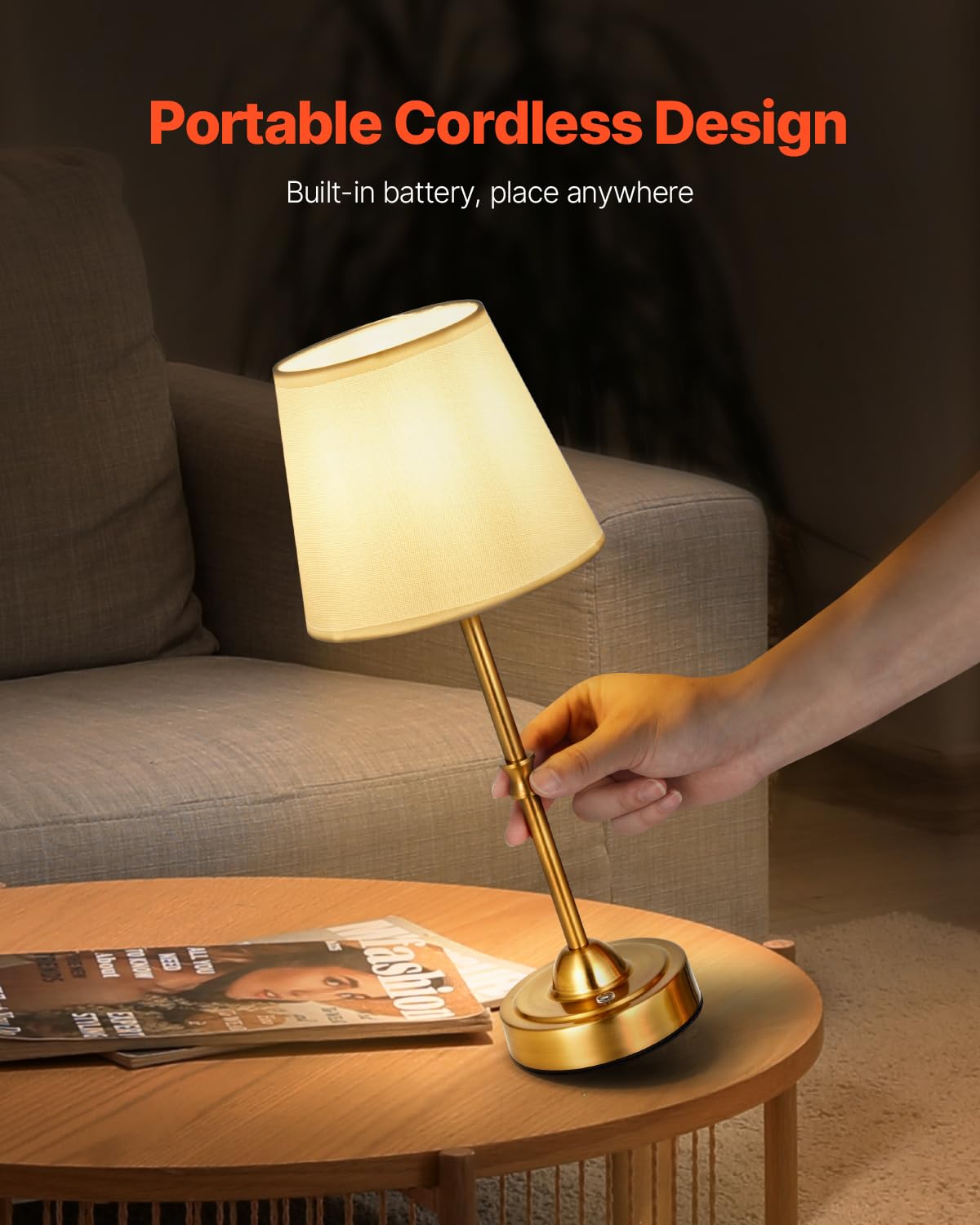 VEVOR Cordless Table Lamp, 3-Level Brightness, Fabric Shade, 5200mAh Battery, Gold, Model T50