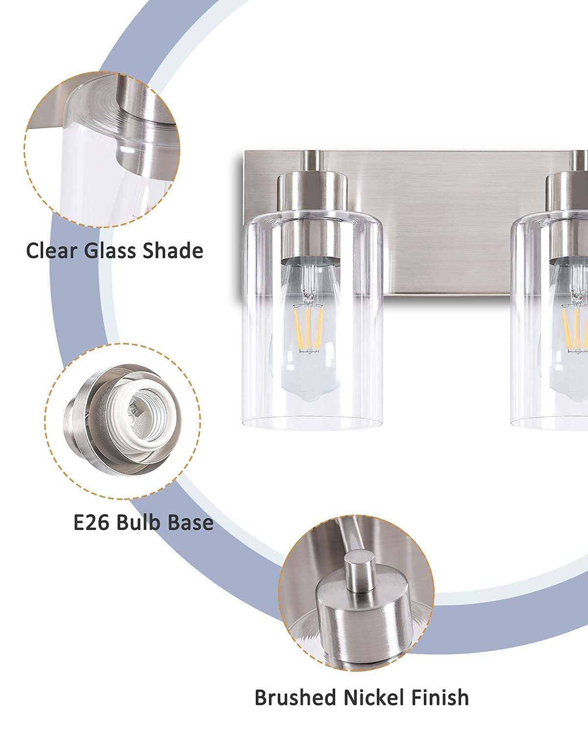 Chosenior 3-Light Bathroom Vanity Light Fixture, Brushed Nickel Metal, KW-7301-3, Modern Glass Shade Over Mirror Lighting