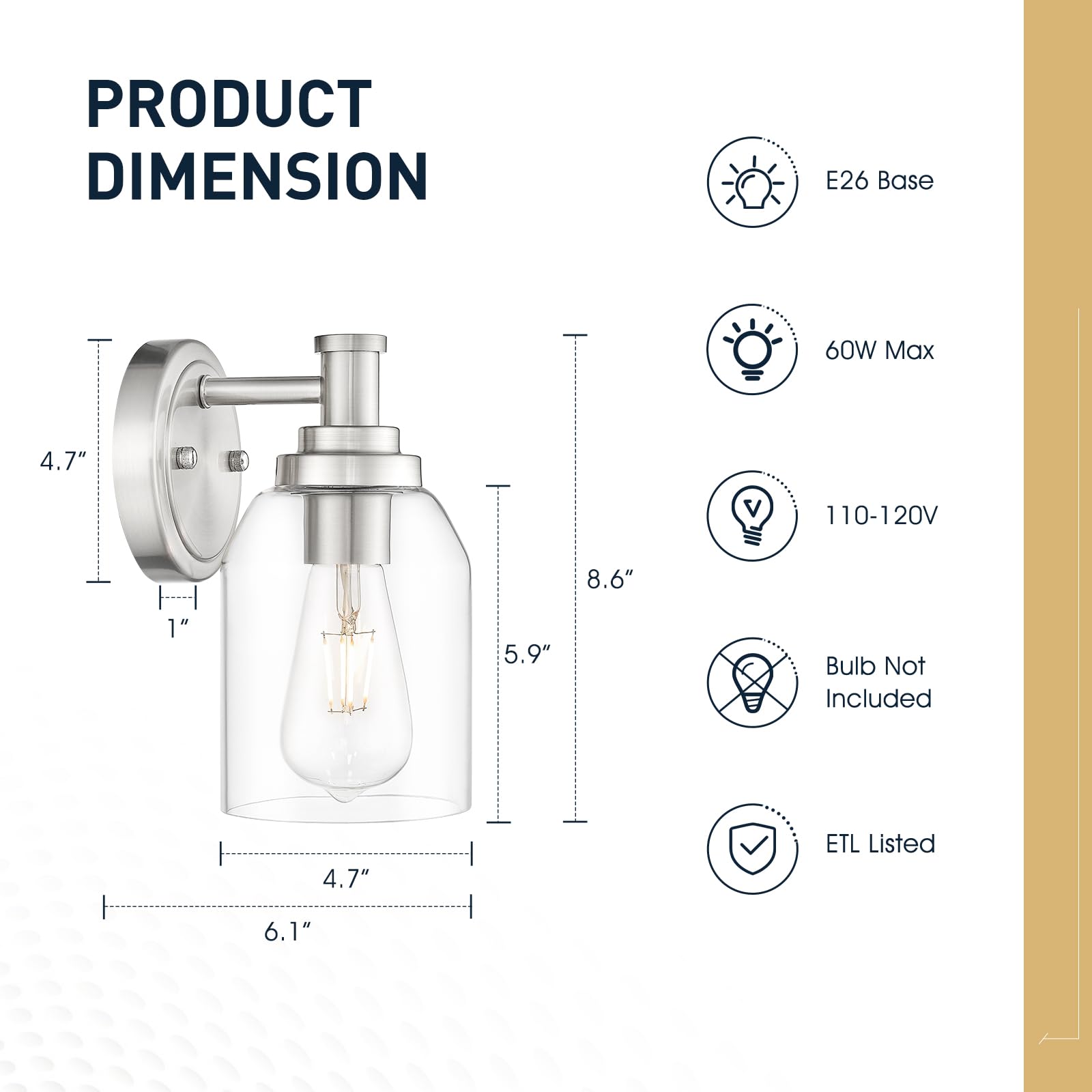 zeyu Modern Wall Sconce, Brushed Nickel & Clear Glass, Industrial Design, Model ZG33B BN, 1 Pack