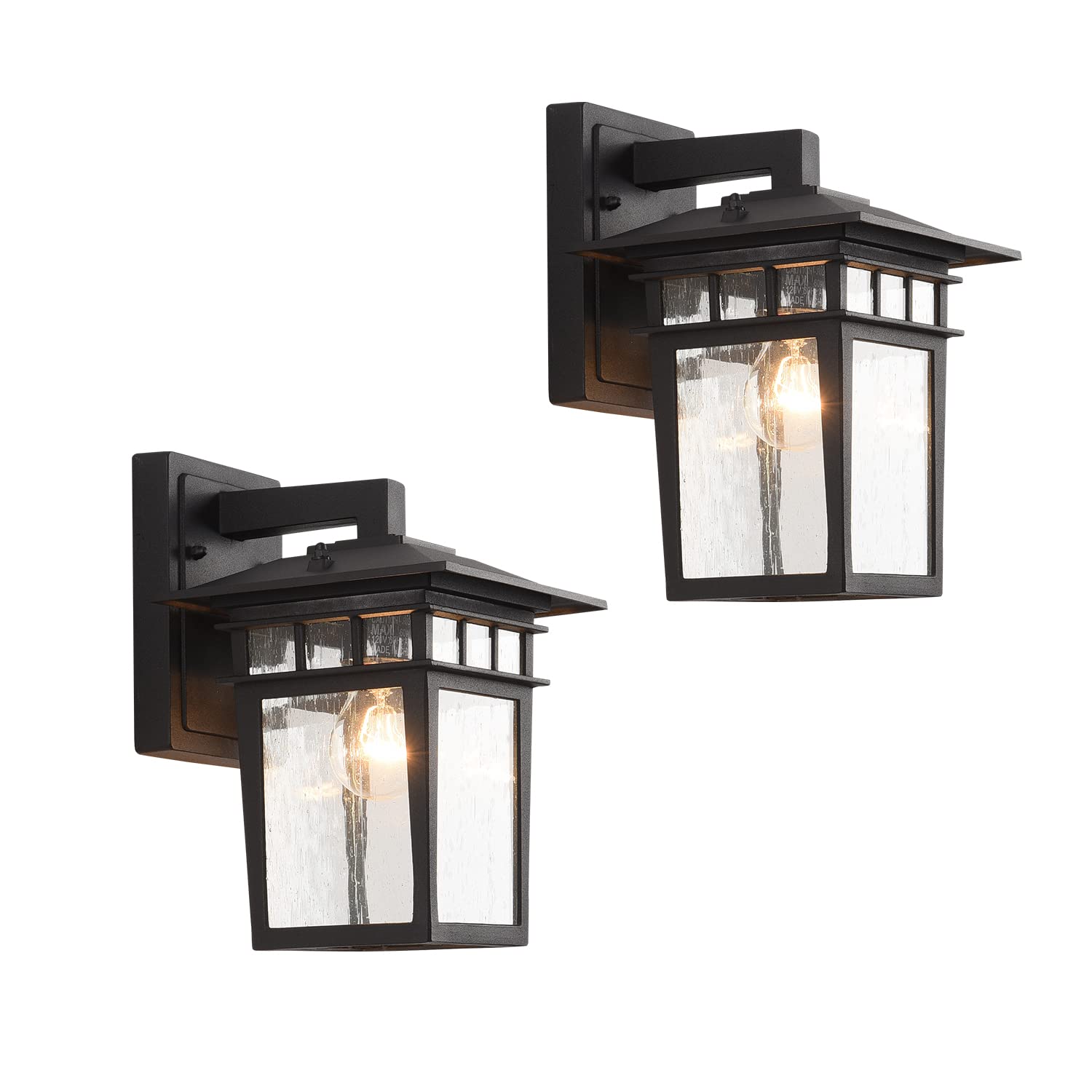 Smeike Outdoor Wall Lantern, Exterior Lighting Fixtures Wall Mount, 2 Pack Black Outdoor Sconce with Seeded Glass, Exterior Porc
