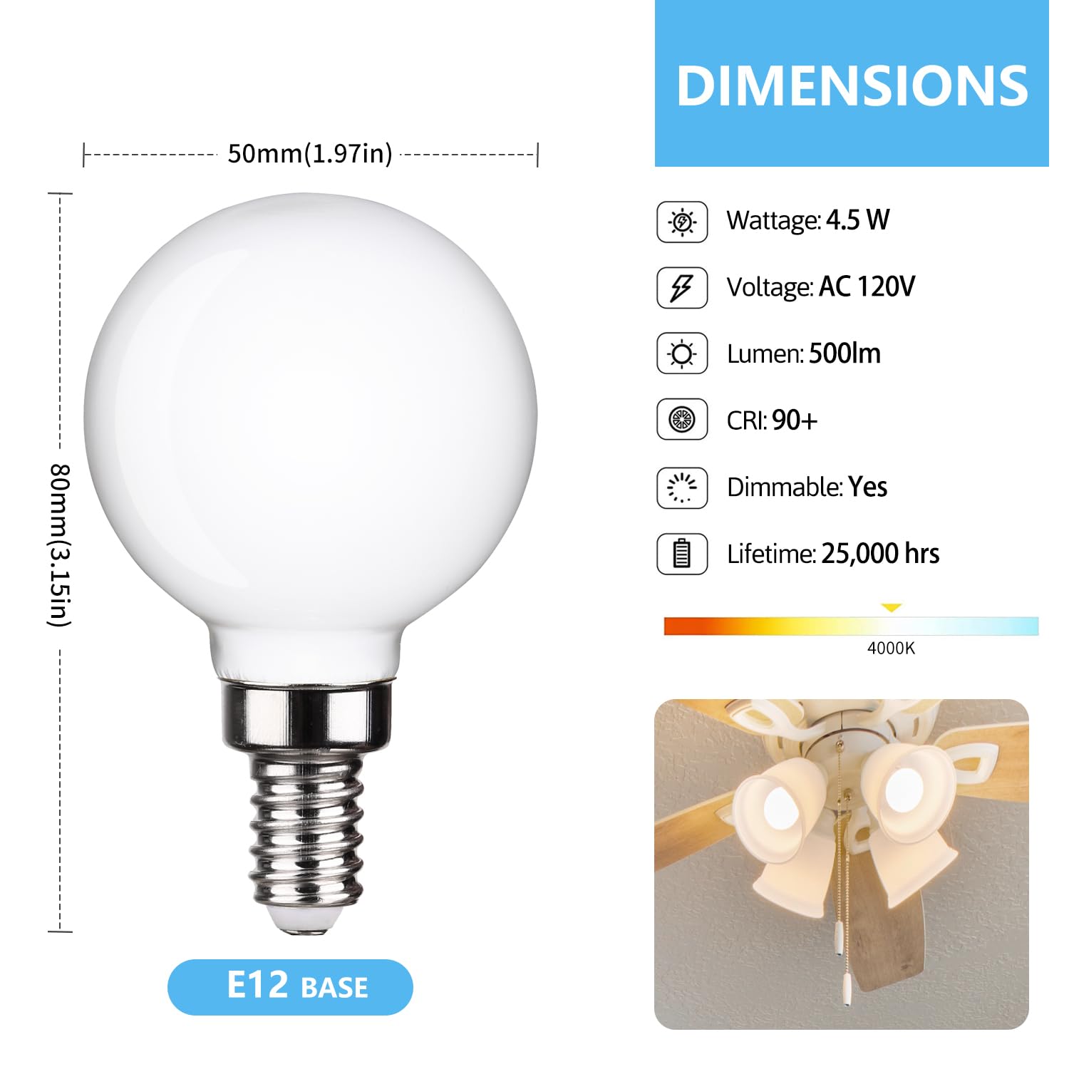 FUTIME 6 Pack LED Candelabra Bulbs, Dimmable 4.5W, E12, G16.5, Milky Glass, 500LM, 4000
