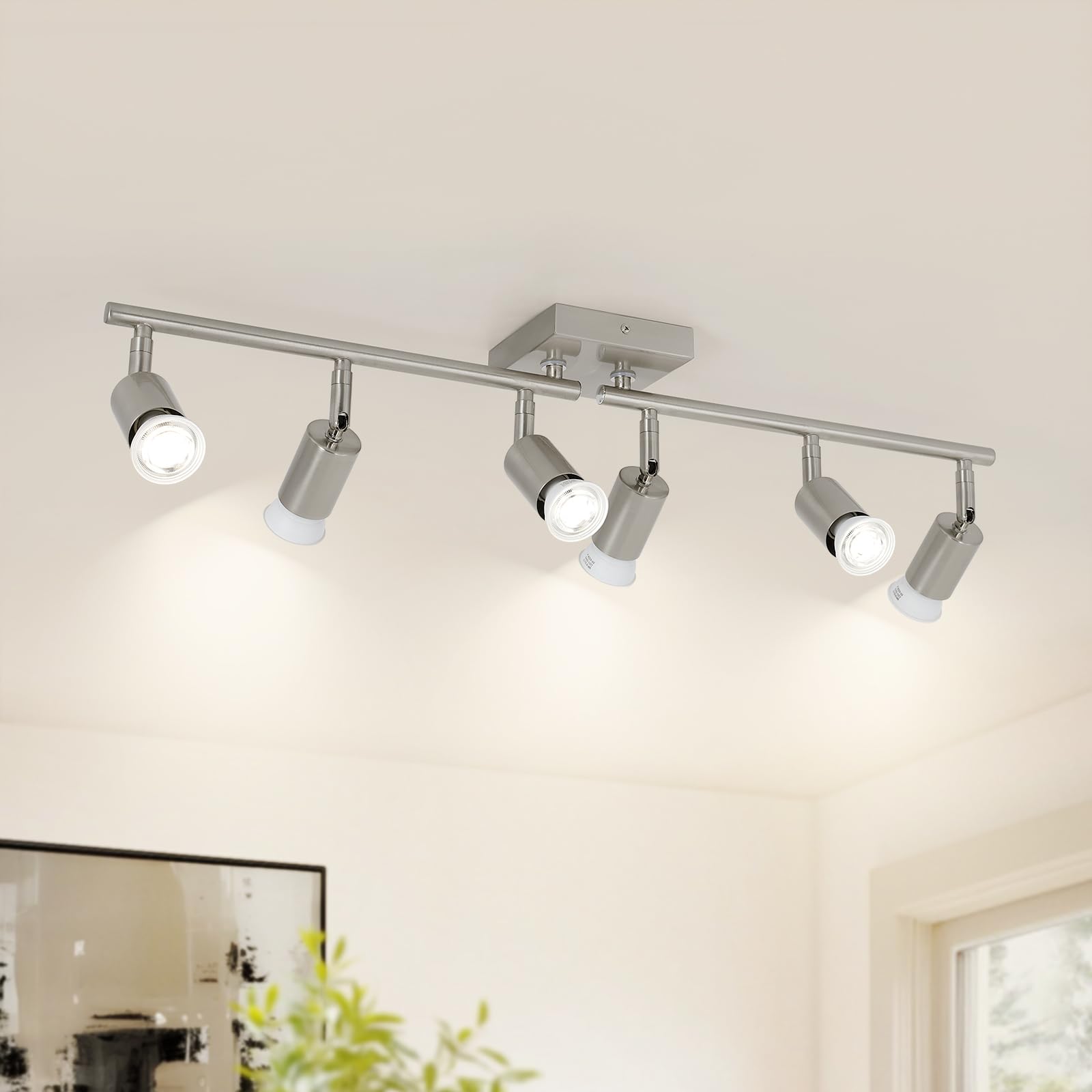 SEEBLEN 6-Light Nickel Kitchen Track Lighting, Adjustable GU10 Ceiling Light Fixture with Rotatable Heads, Modern Led Track Ligh